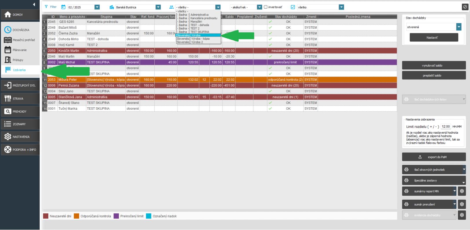 Zobrazenie nadradenej skupiny v uzávierke