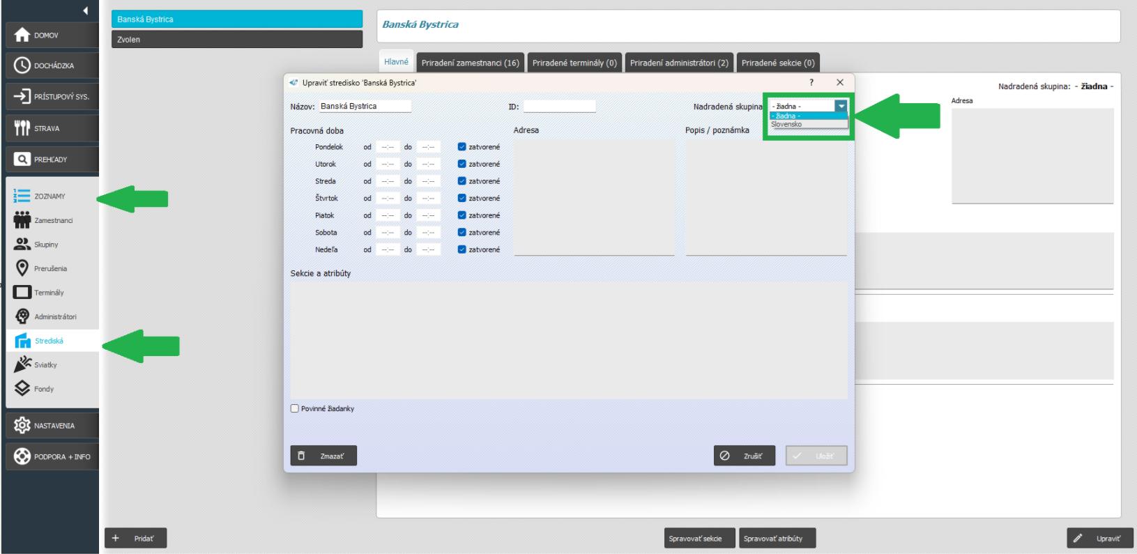 Zobrazenie nadradenej skupiny v nastavení stredísk