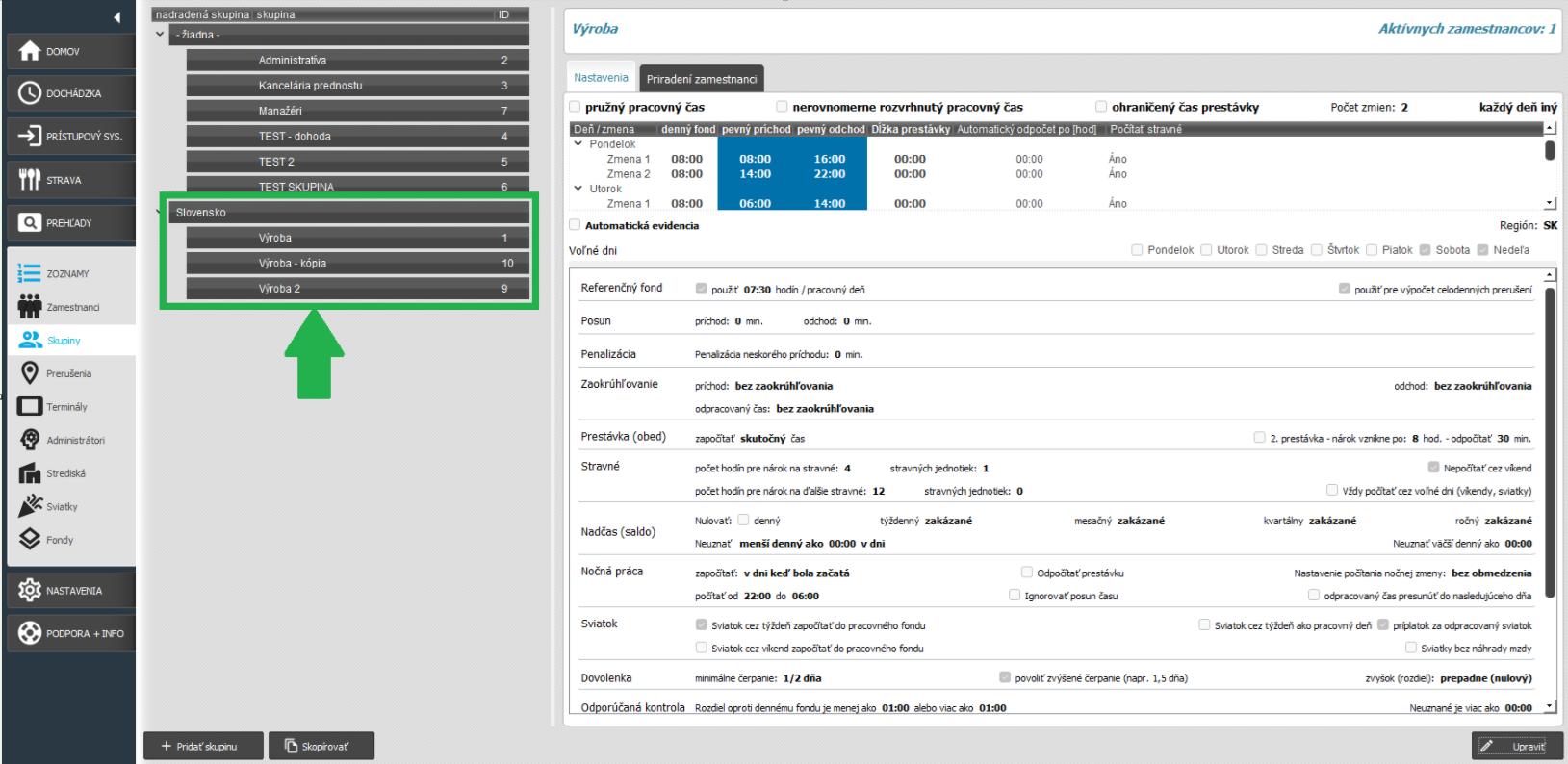 Nadradená skupina s priradenými skupinami