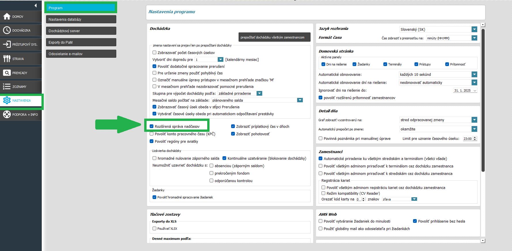 Rozšírená správa nadčasu v nastaveniach skupiny