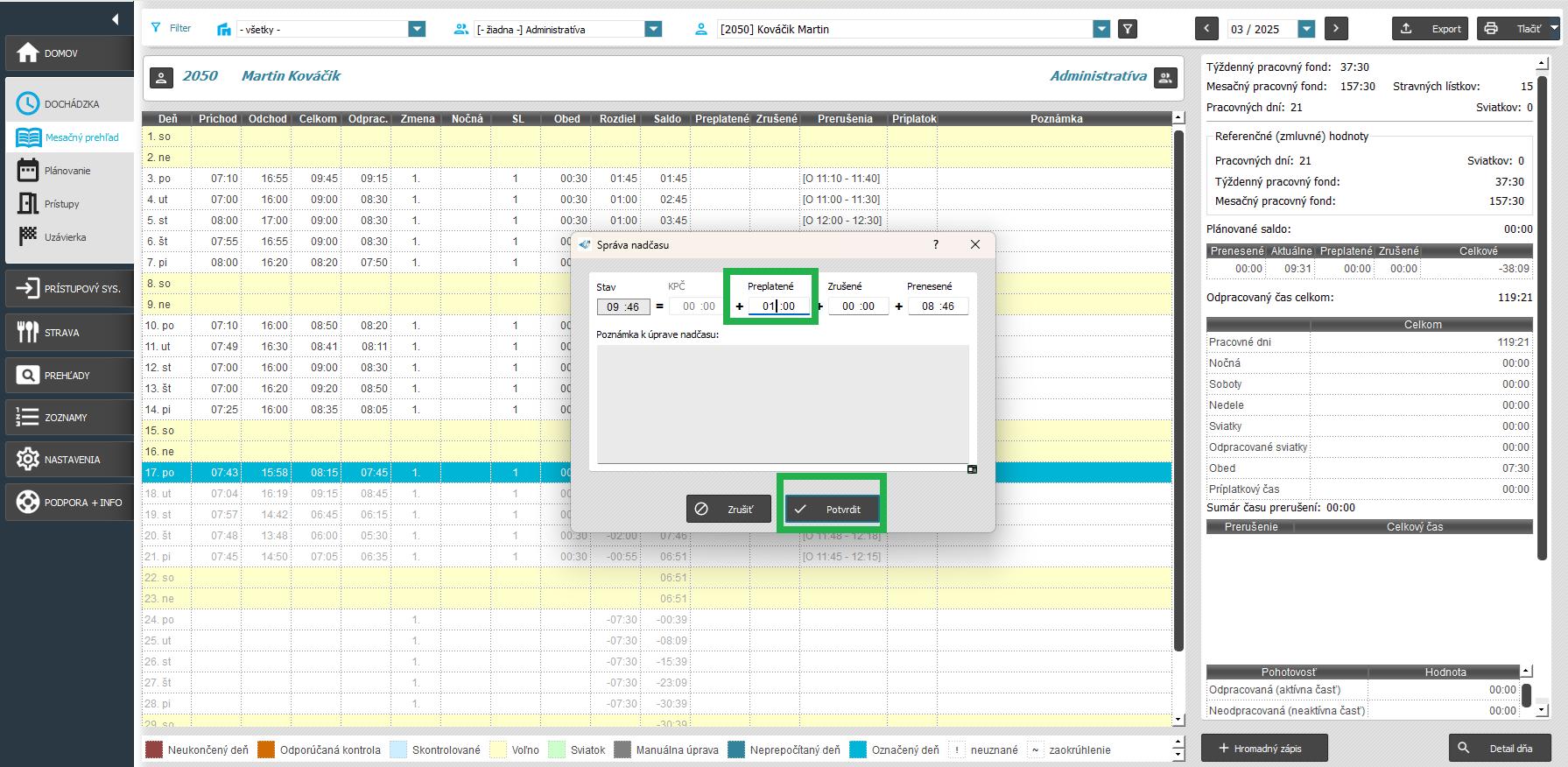 Rozšírená správa nadčasu v mesačnom prehľade - zápis hodnôt