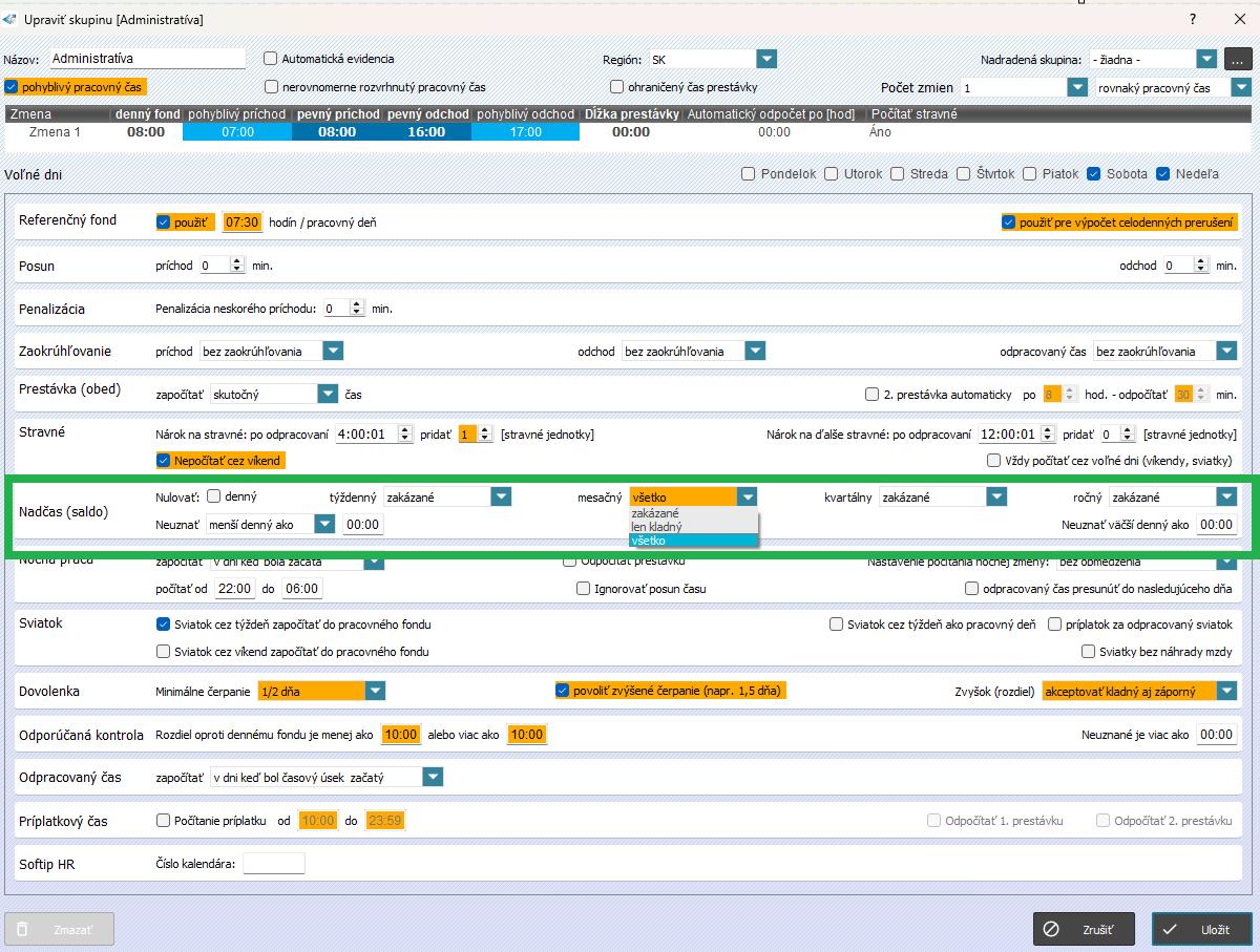 nastavenie nulovania nadčasu v skupine