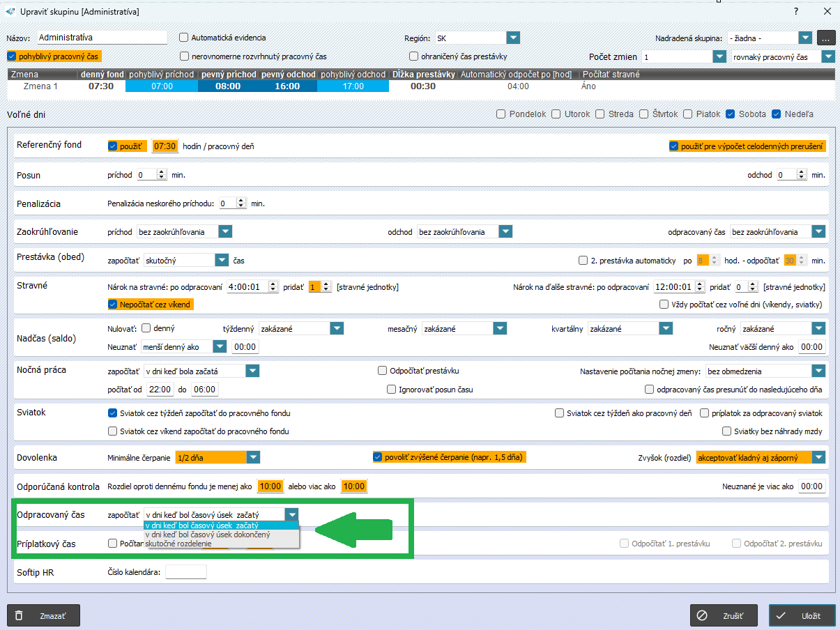 odpracovaný čas v dni, keď bol úsek dokončený - nastavenia skupiny