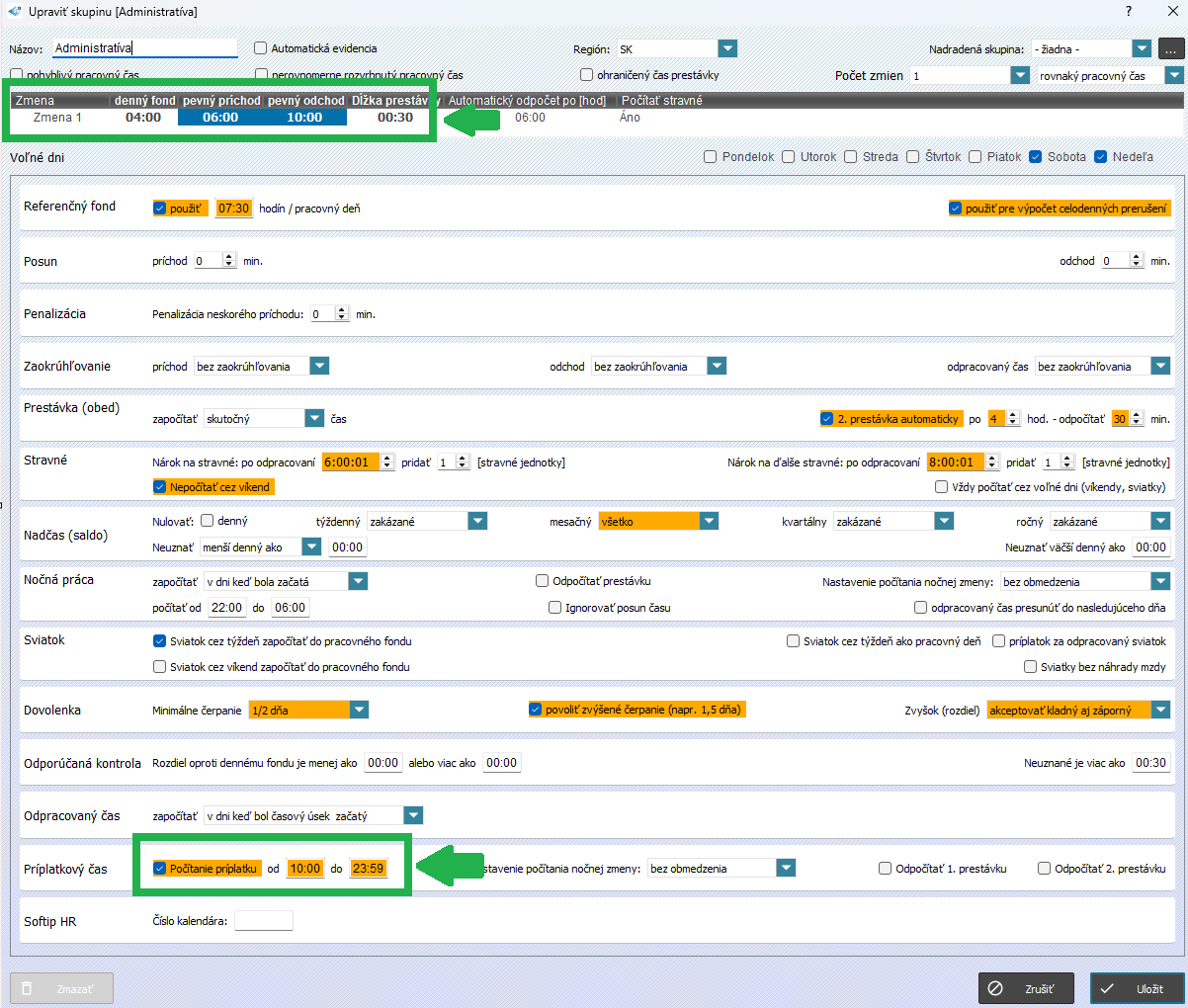 Príplatkový čas v nastavení skupiny