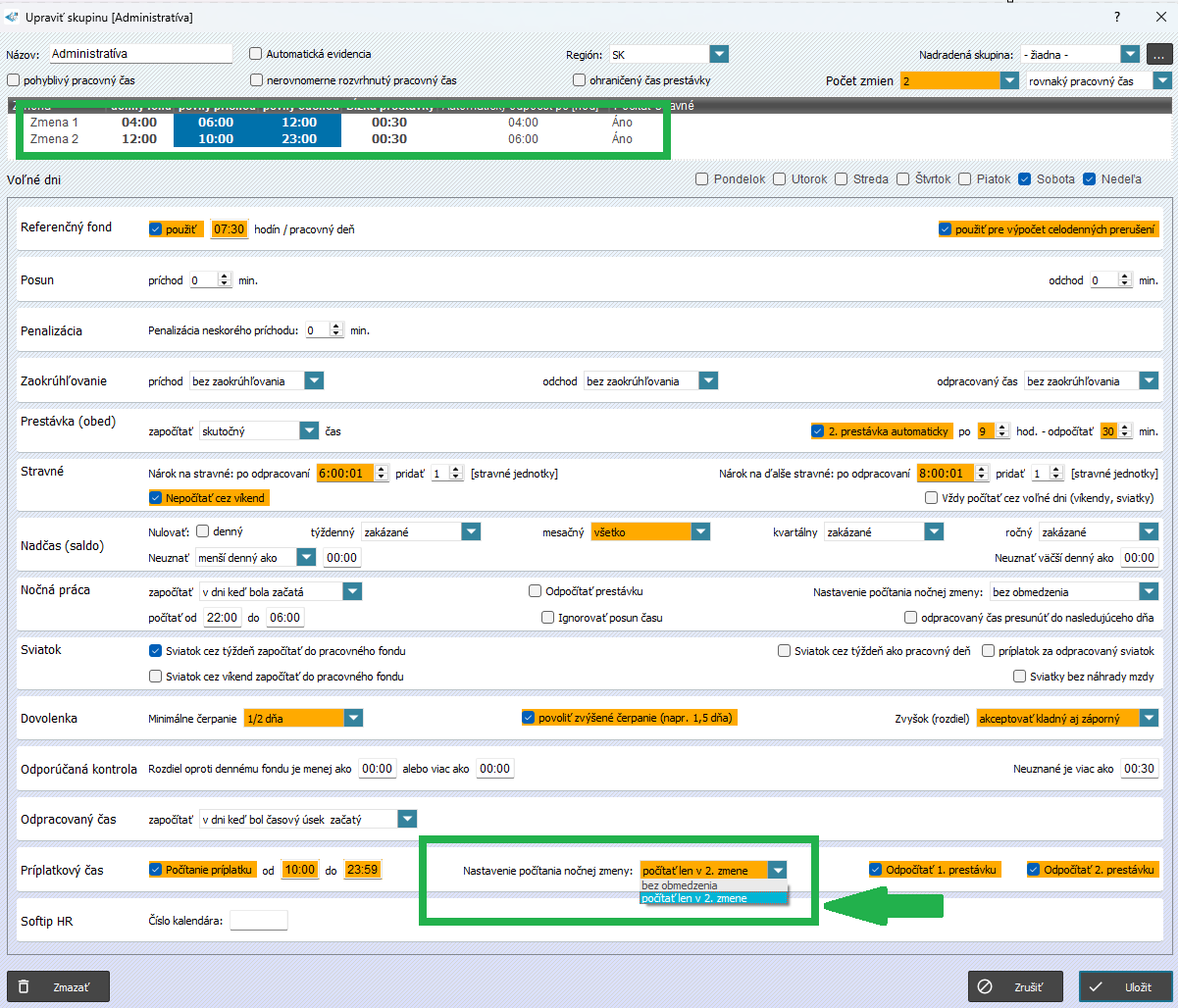 Príplatkový čas - nastavenie počítania iba v druhej zmene