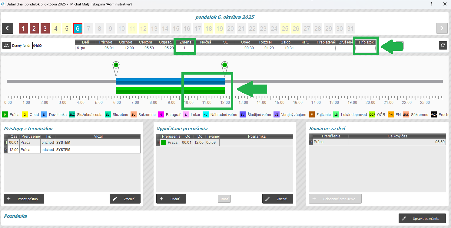 Príplatkový čas z prvej zmeny v detaile dňa