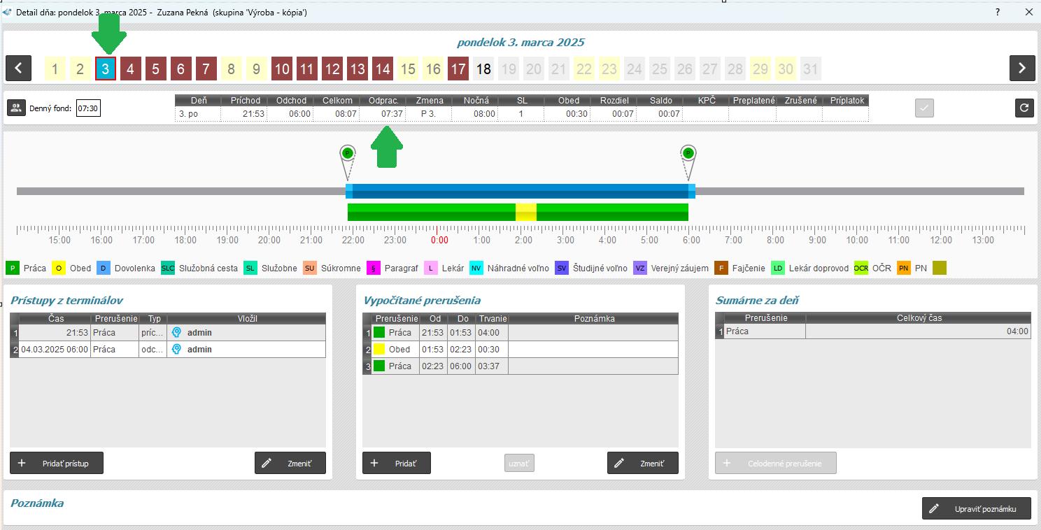 odpracovaný čas v dni, keď bol úsek začatý v detaile dňa