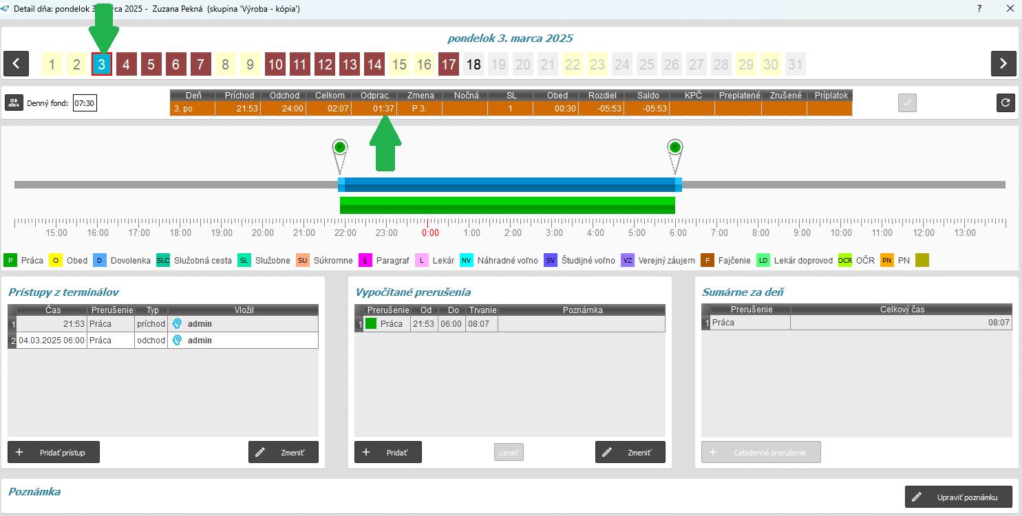 odpracovaný čas so skutočným rozdelením v detaile dňa