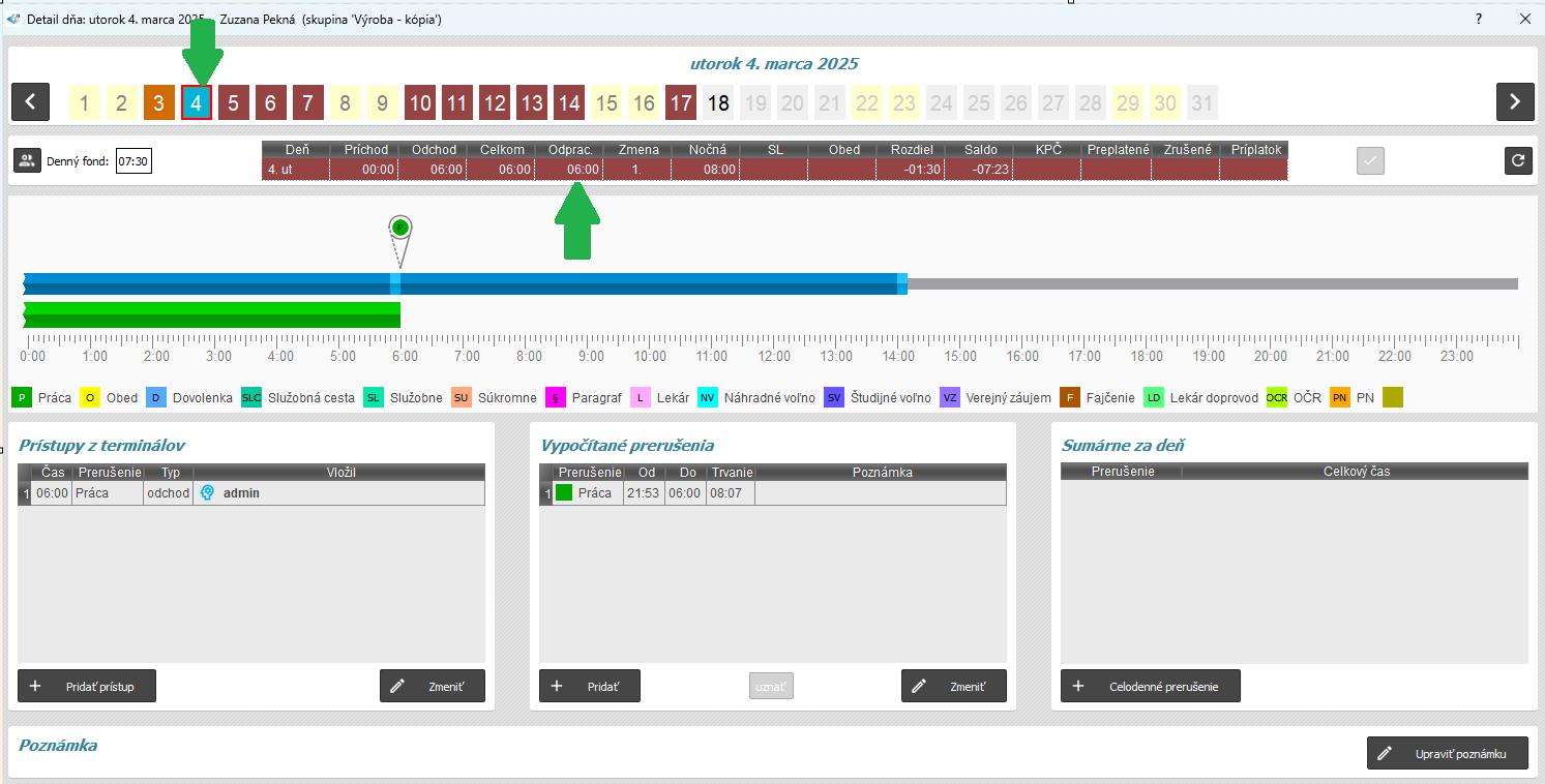 odpracovaný čas so skutočným rozdelením v detaile dňa
