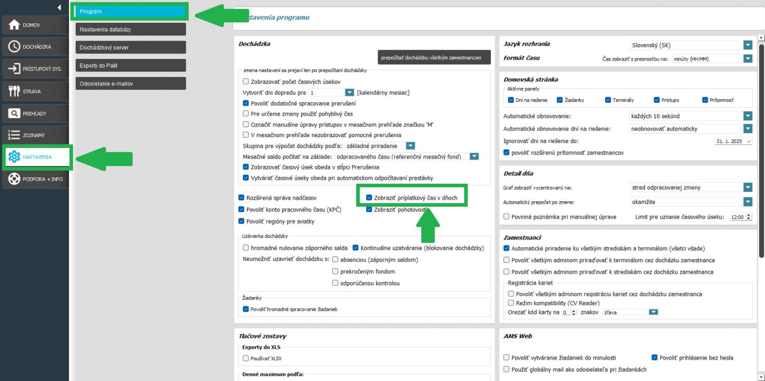 Príplatkový čas v nastavení programu