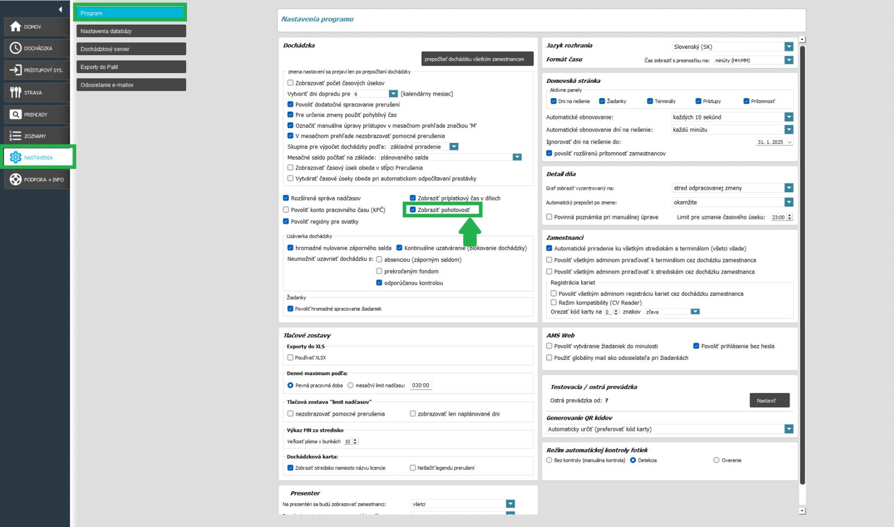 Zobrazenie pohotovosti - v nastavniach programu