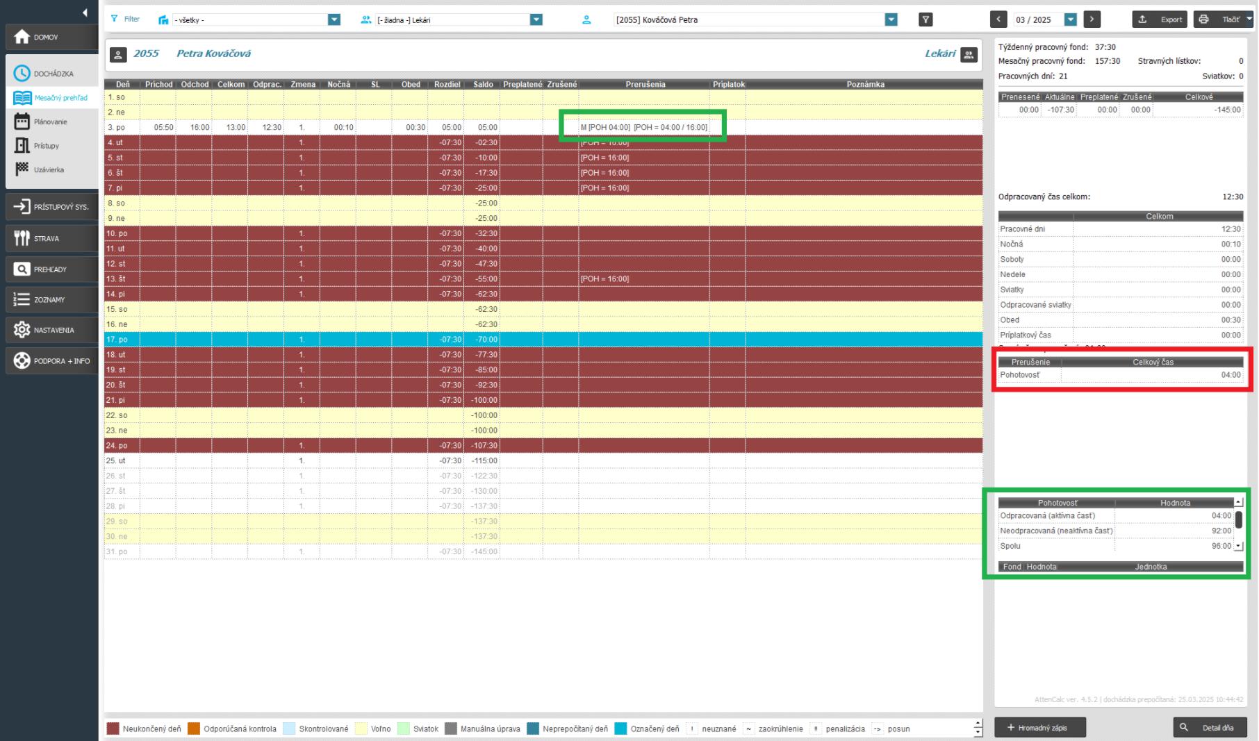 Zobrazenie pohotovosti - v detaile dňa