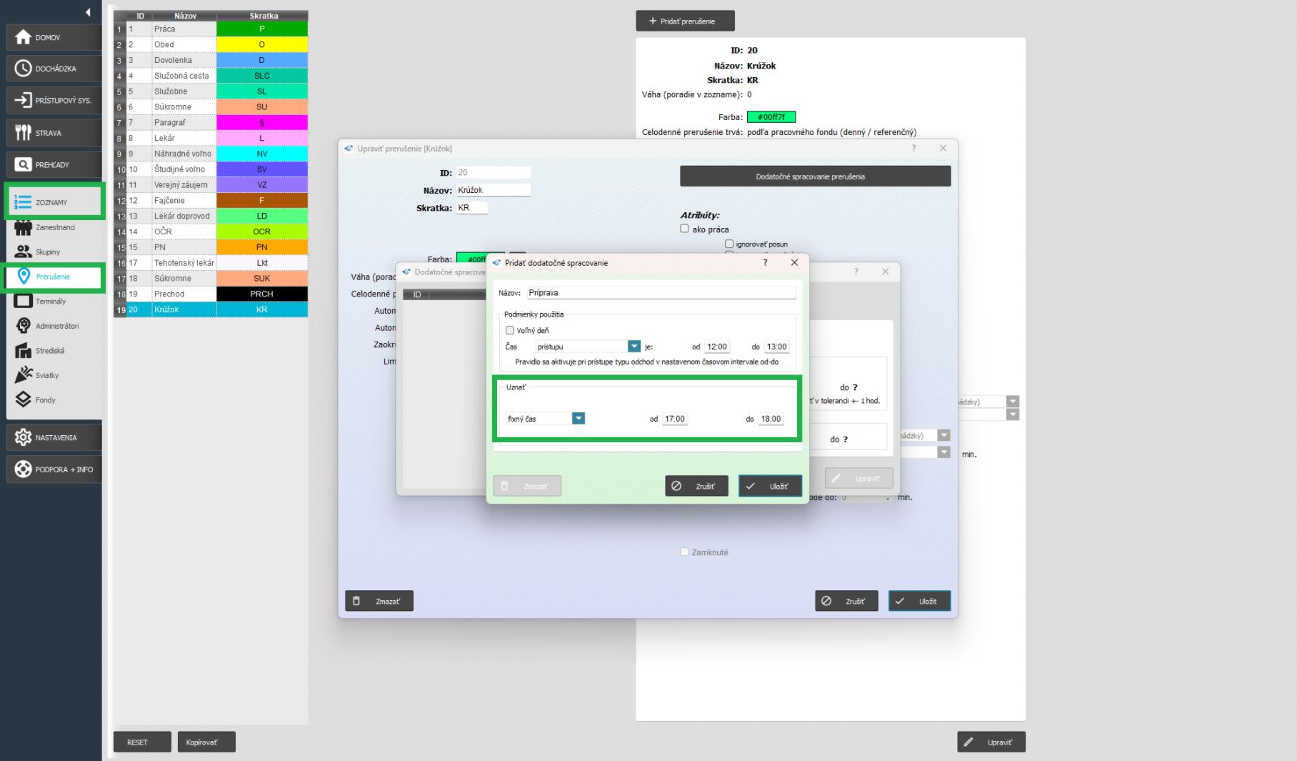 Prerušenie - Uznať fixný čas
