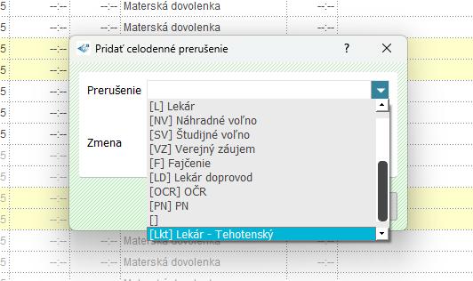 Zadanie celodenného prerušenia v mesačnom prehľade - výber prerušenia