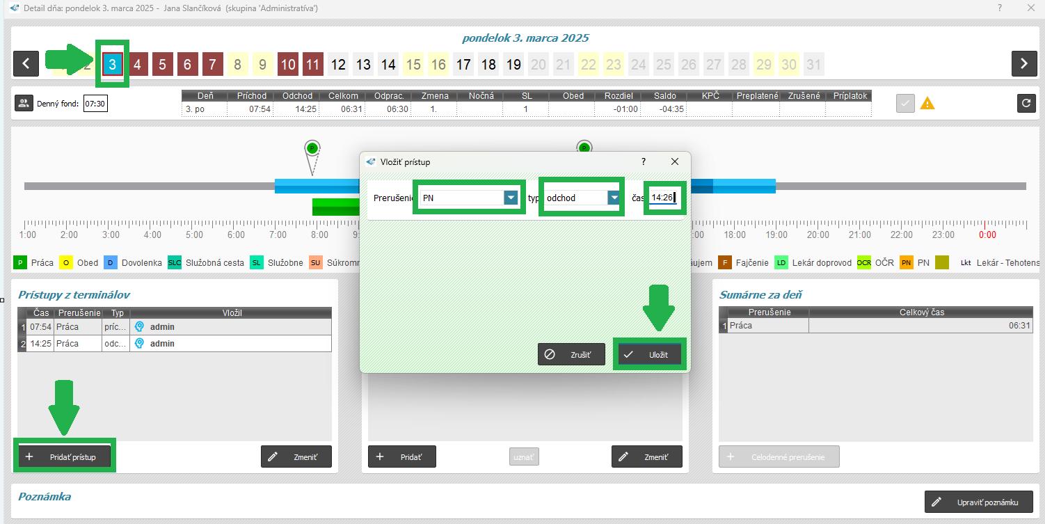 Zadanie celodenného prerušenia cez detail dňa