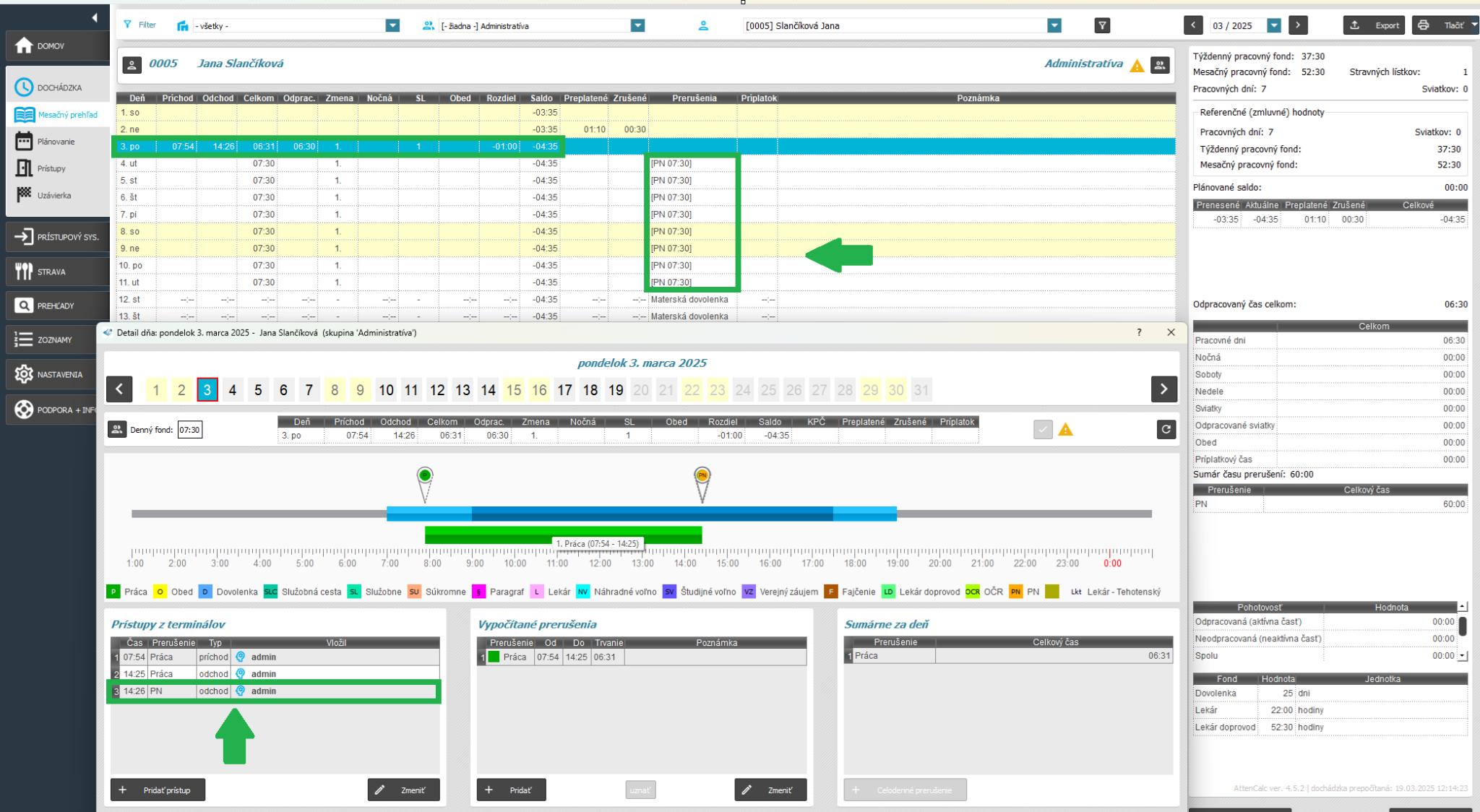 Pokračujúce prerušenie v mesačnom prehľade a prístup v detaile dňa