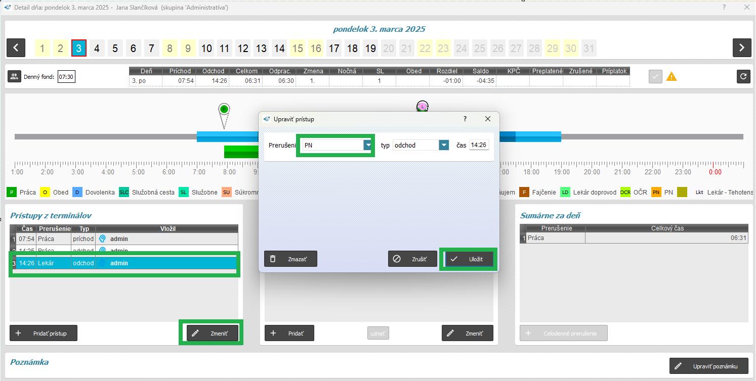 Oprava zadaného prerušenia v detaile dňa