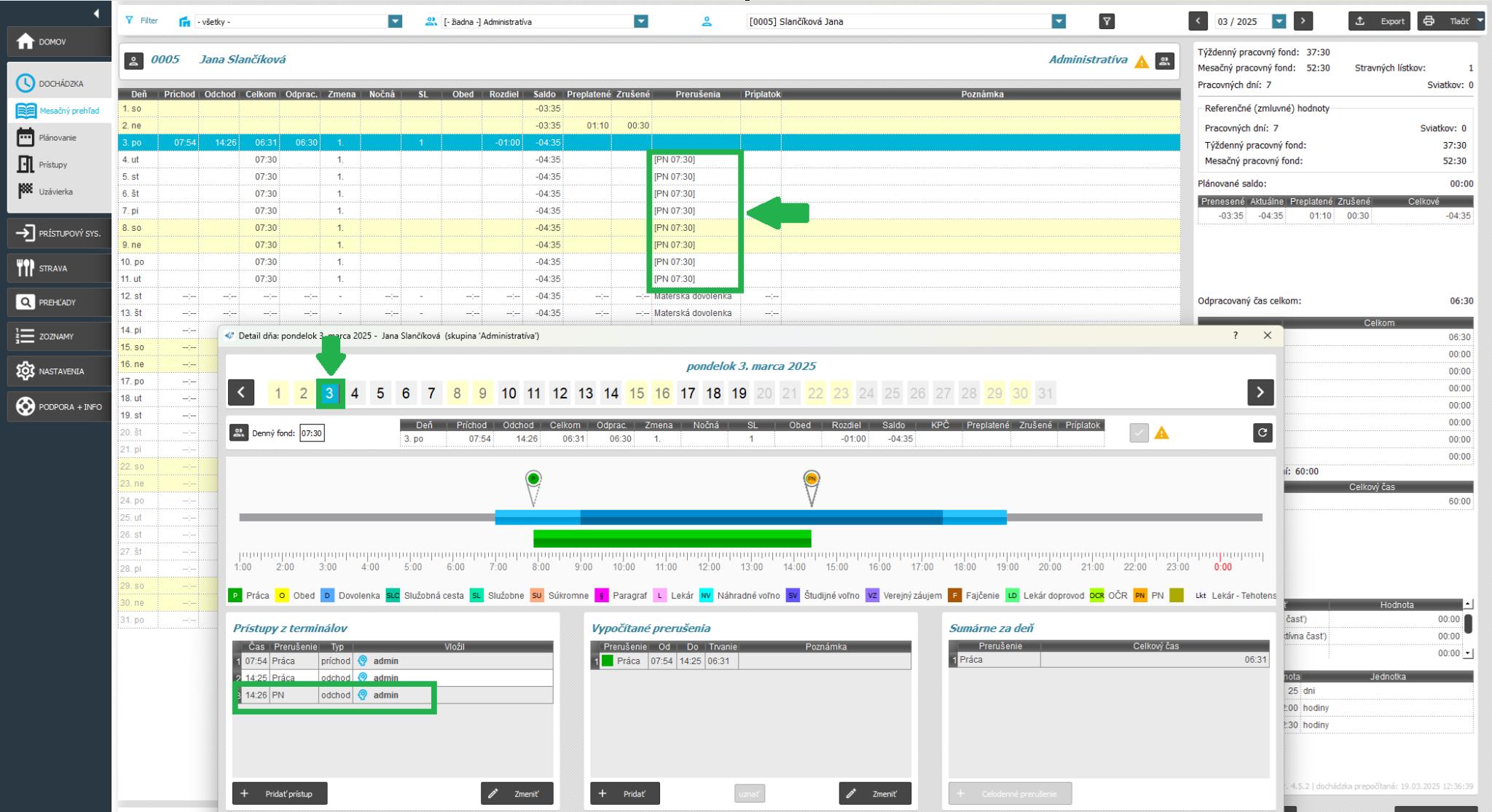 Zobrazenie opraveného prerušenia v detaile dňa