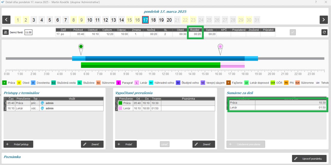 Atuomatický odchod - do konca pracovnej doby - v detaile dňa