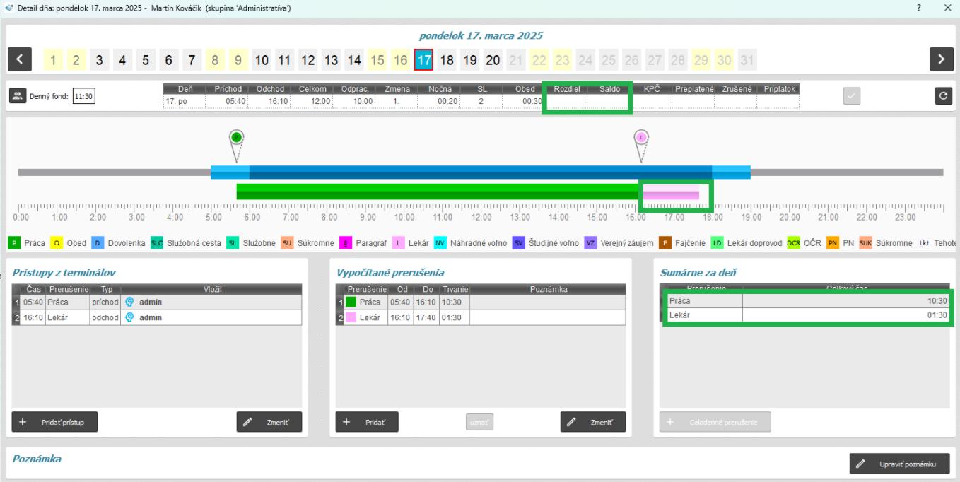 Atuomatický odchod - Aby sedelo saldo - v detaile dňa