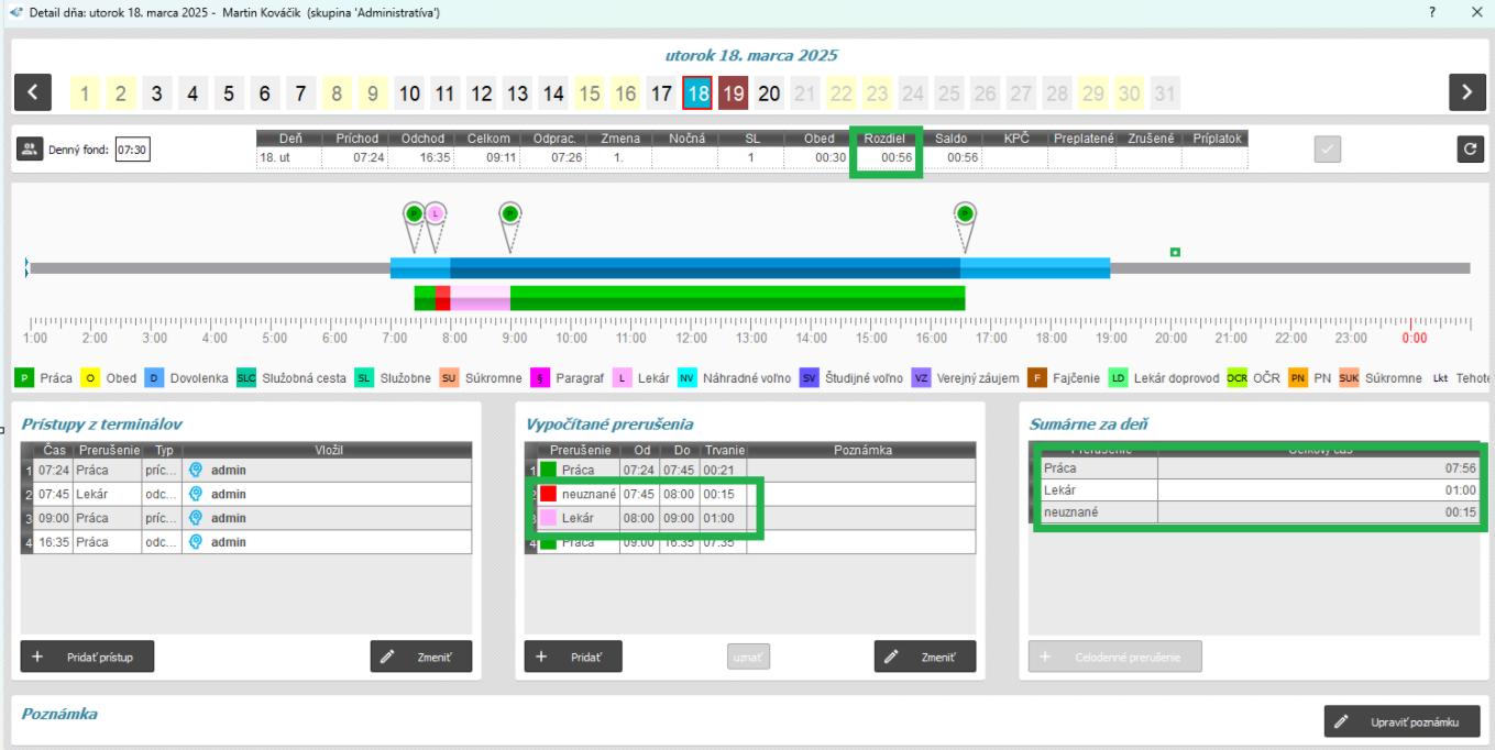 Neuznať v pohyblivom čťase - zobrazenie v detaile dňa - na začiatku zmeny