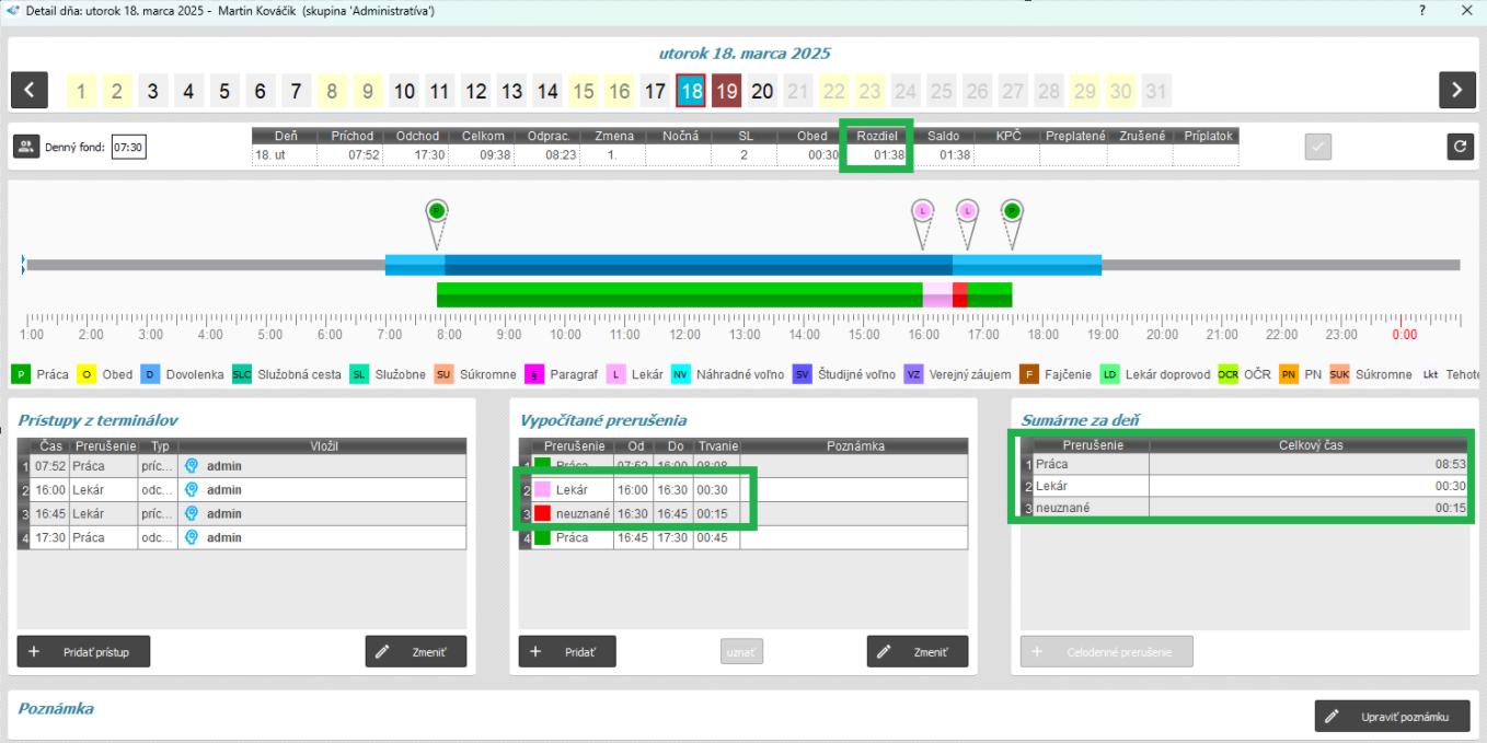 Neuznať v pohyblivom čťase - zobrazenie v detaile dňa - na konci zmeny