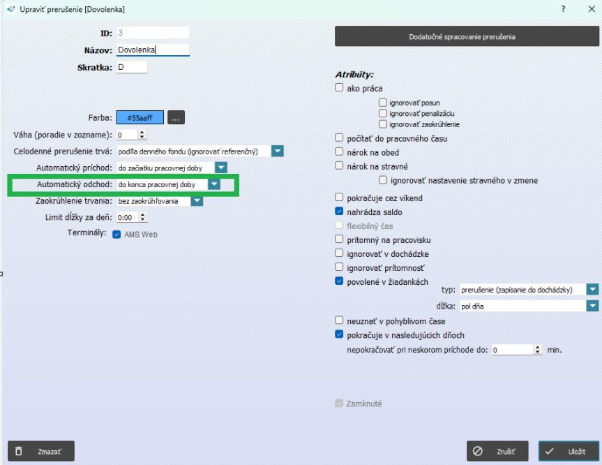 Nastavenie - Automatický odchod - do konca pracovnej doby