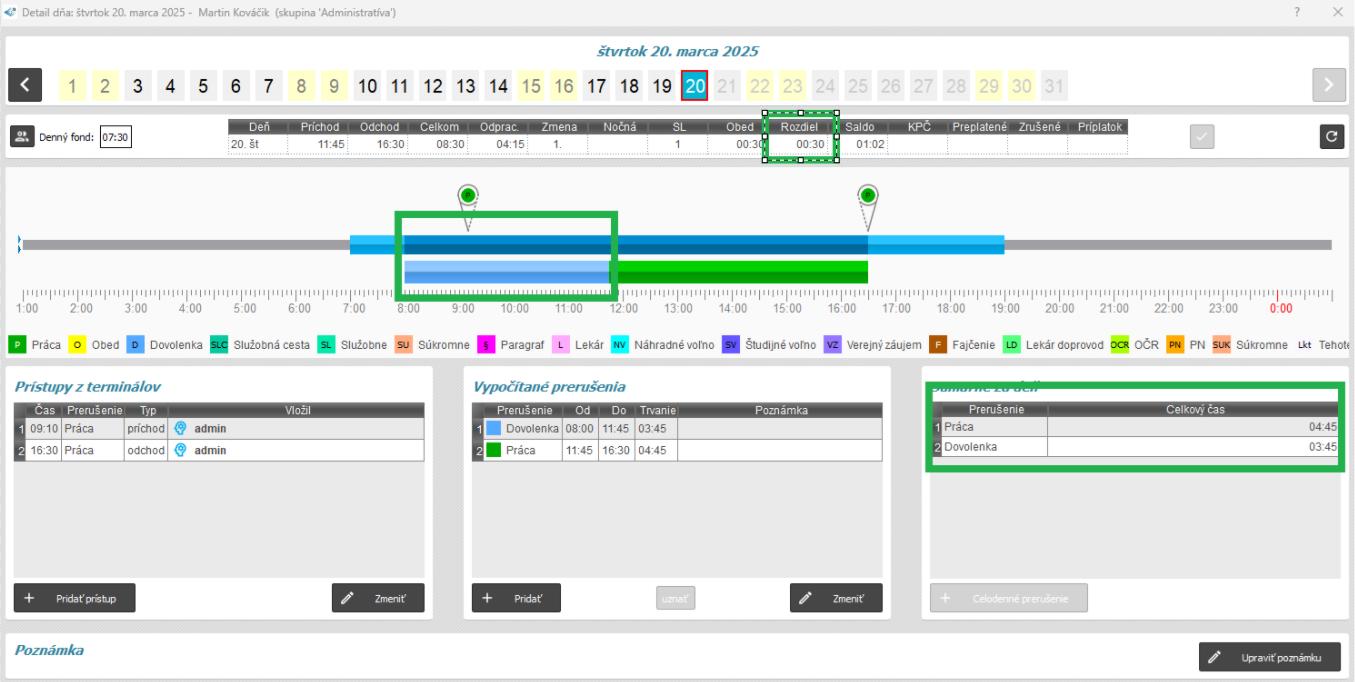 Nepokračovať pri neskorom príchode - zobrazenie v detaile dňa - pol dňa dovolenky s nadčasom
