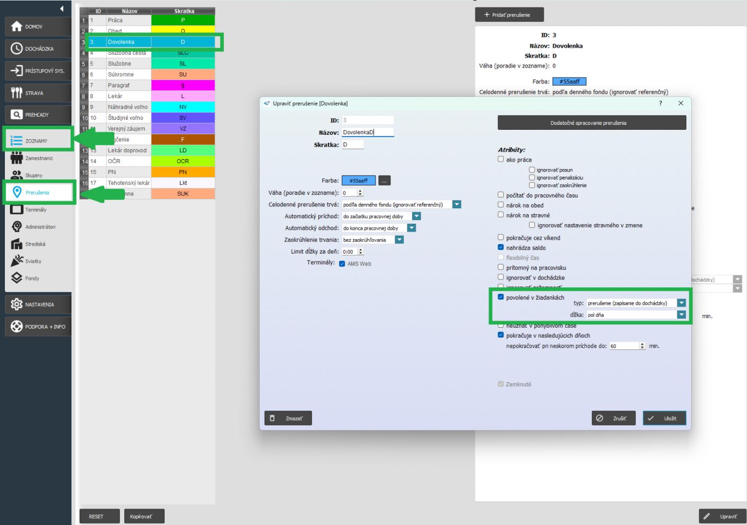 Nastavenie - Povolené v žiadankách