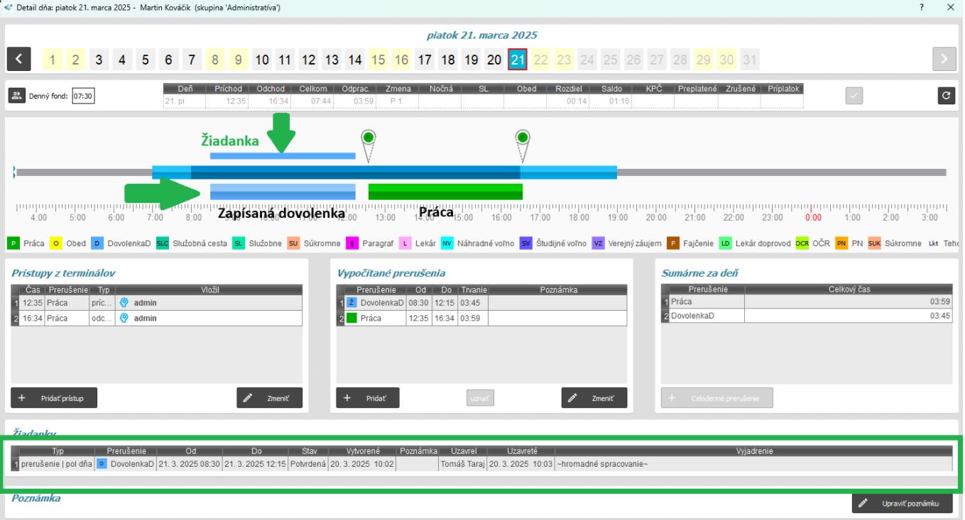 Povolené v žiadankách - zápis do dochádzky - v detaile dňa