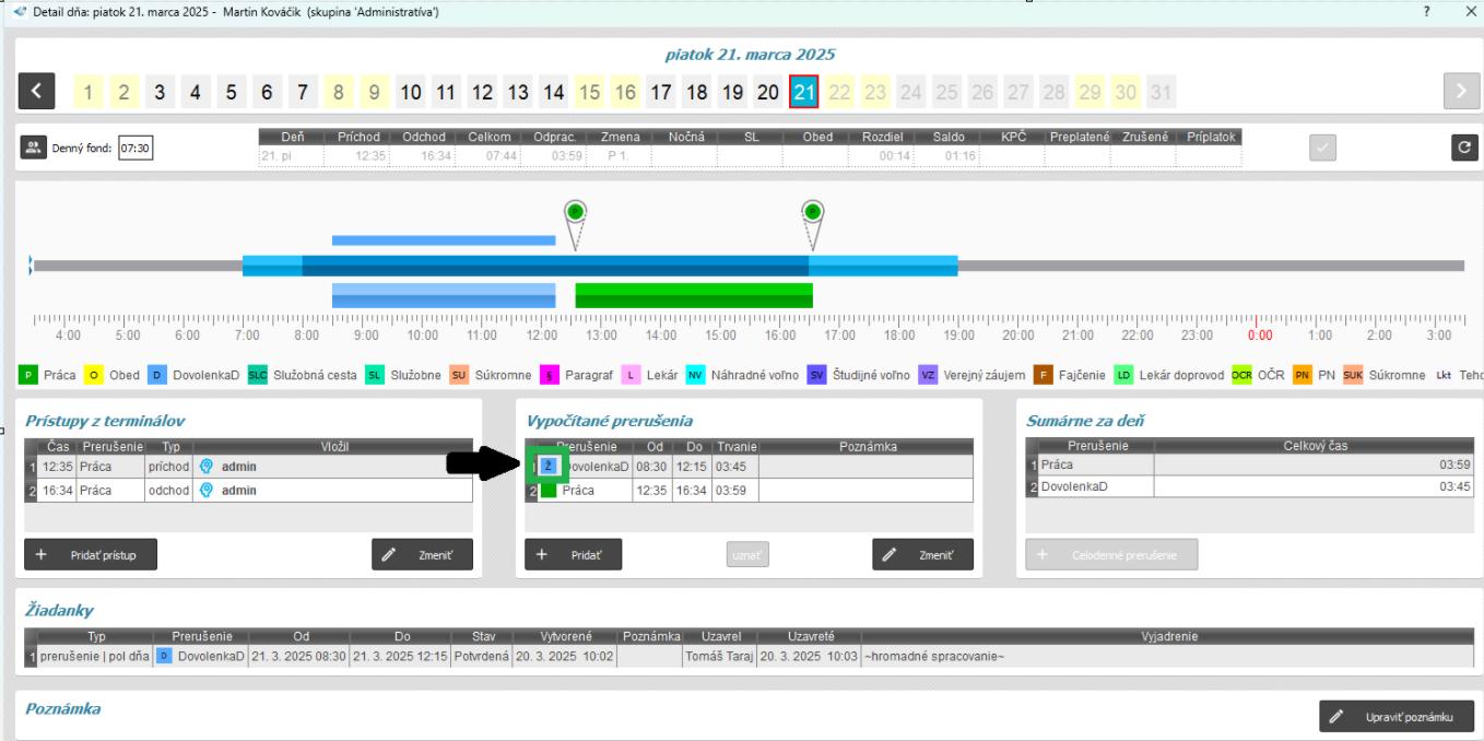Povolené v žiadankách - detail dňa - informatívne písmeno