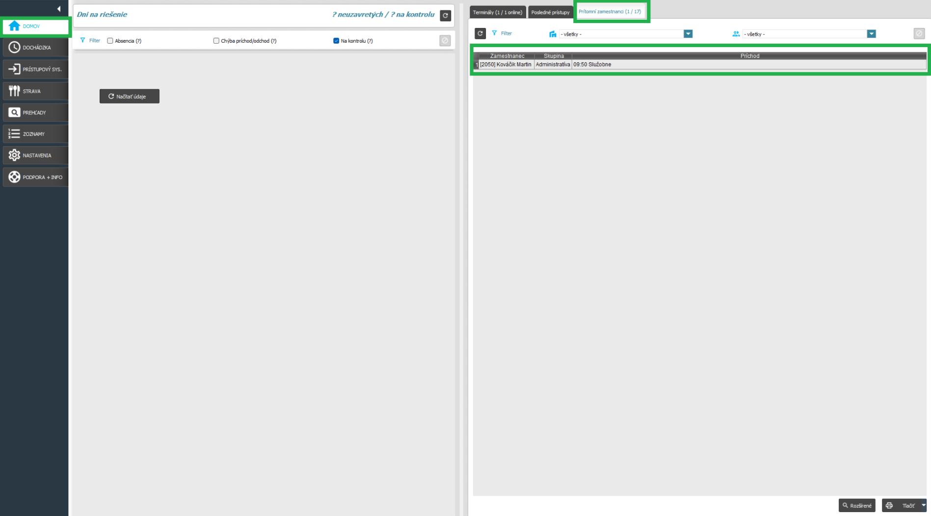 Atribút Prítomní na pracovisku - v karte domov