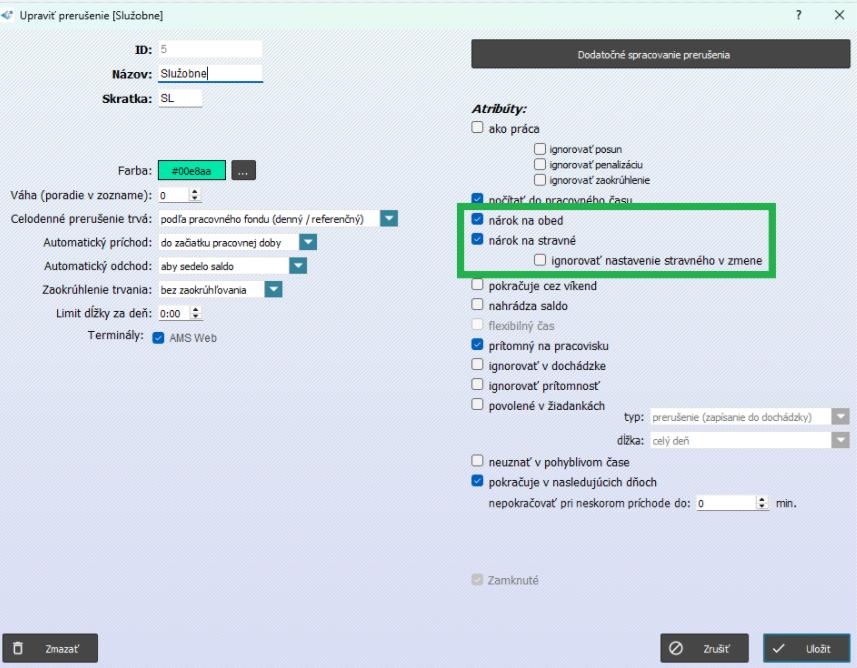 Ďalšie nastavenia prerušení - nárok na obed - v nastaveniach
