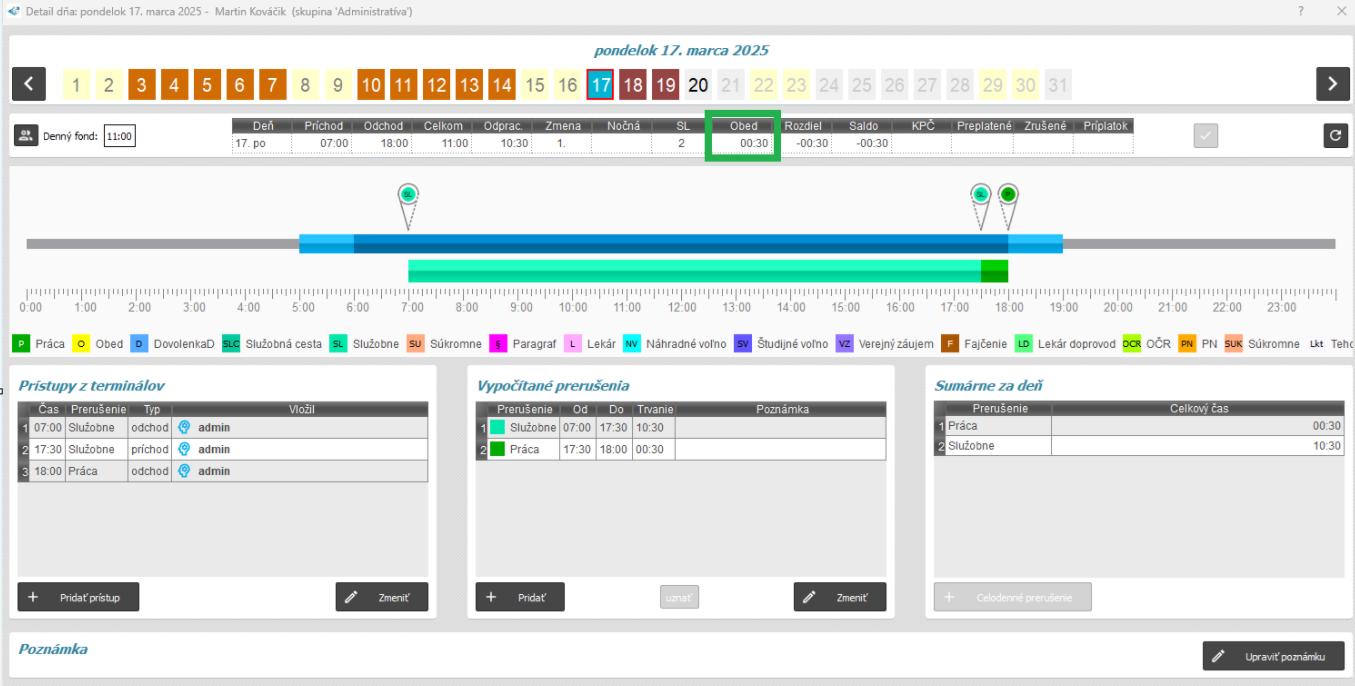 Ďalšie nastavenia prerušení - nárok na obed - v detaile dňa