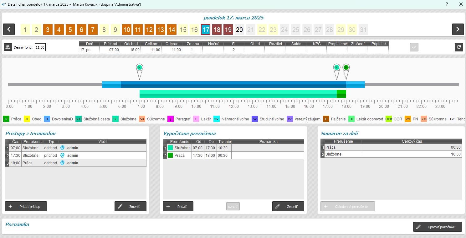 Ďalšie nastavenia prerušení - nárok na obed neoznačený - v detaile dňa