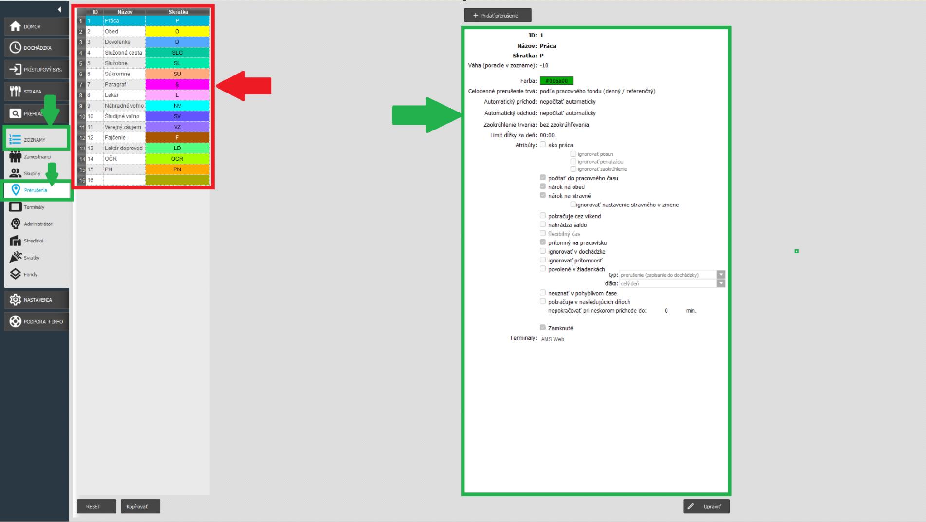 Karta Zoznamy - prerušenia