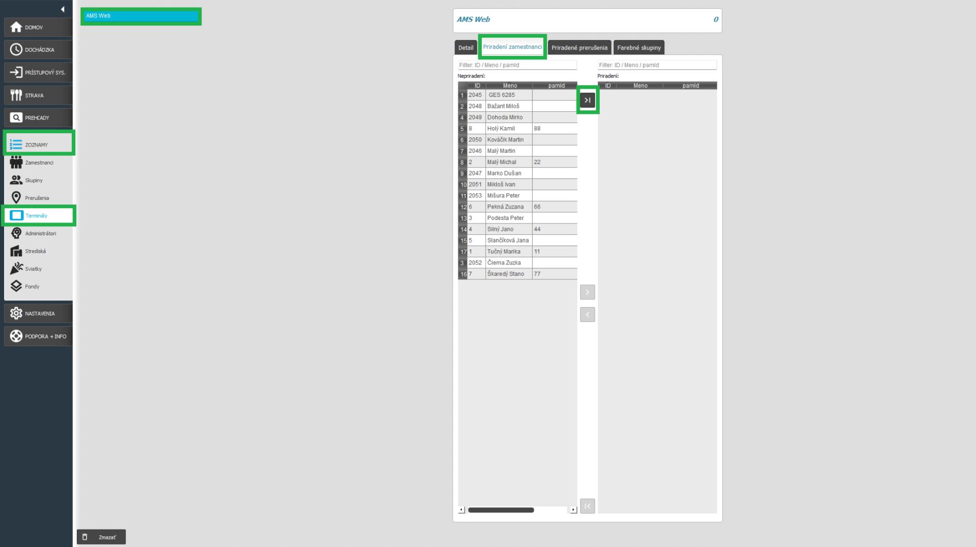 Terminály v karte Zoznamy - priradenie všetkých zamestnancov