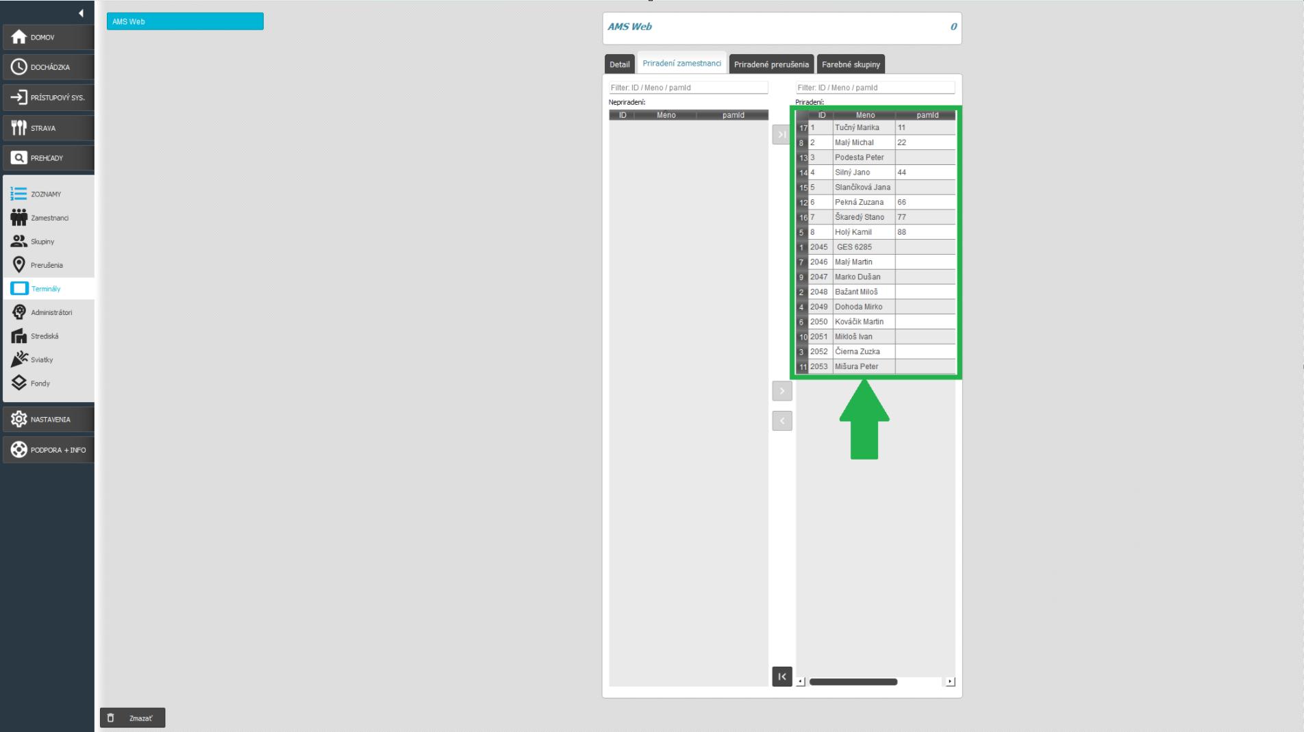Terminály v karte Zoznamy - priradenie všetkých zamestnancov