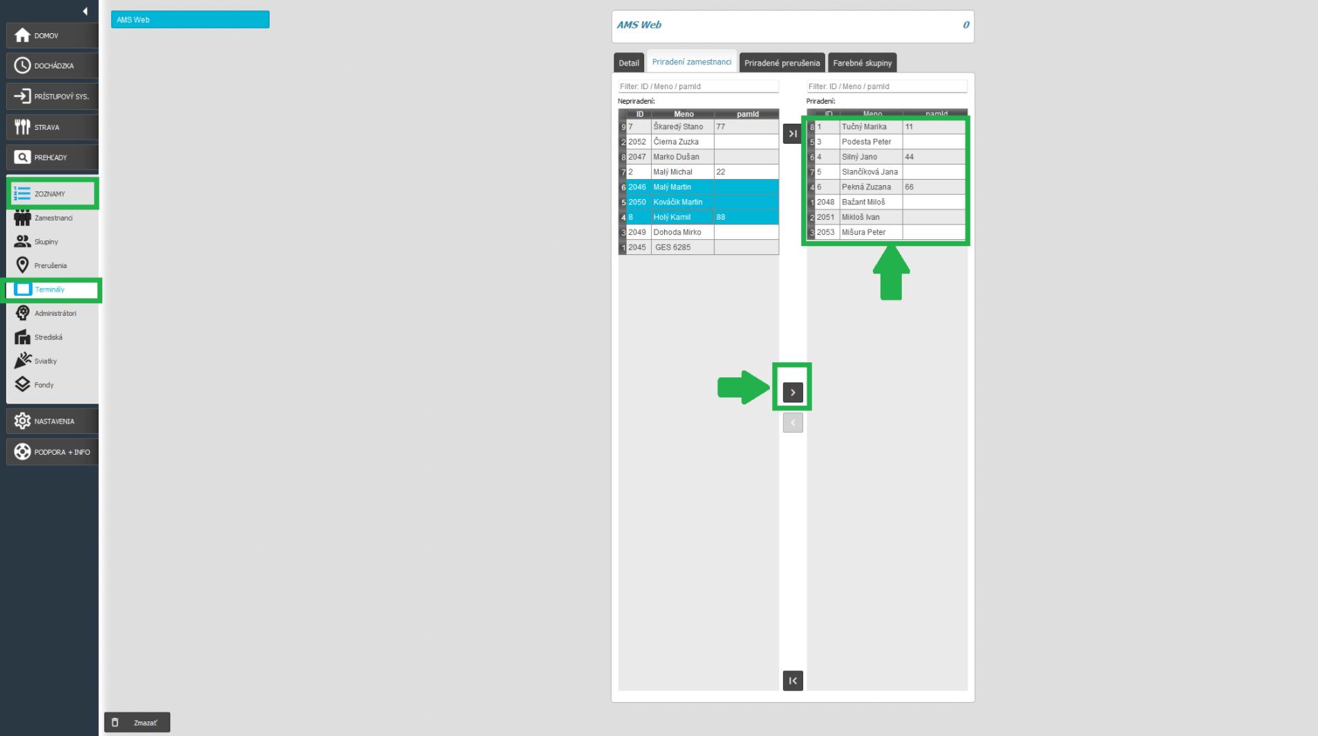 Terminály v karte Zoznamy - priradenie jedného zamestnanca