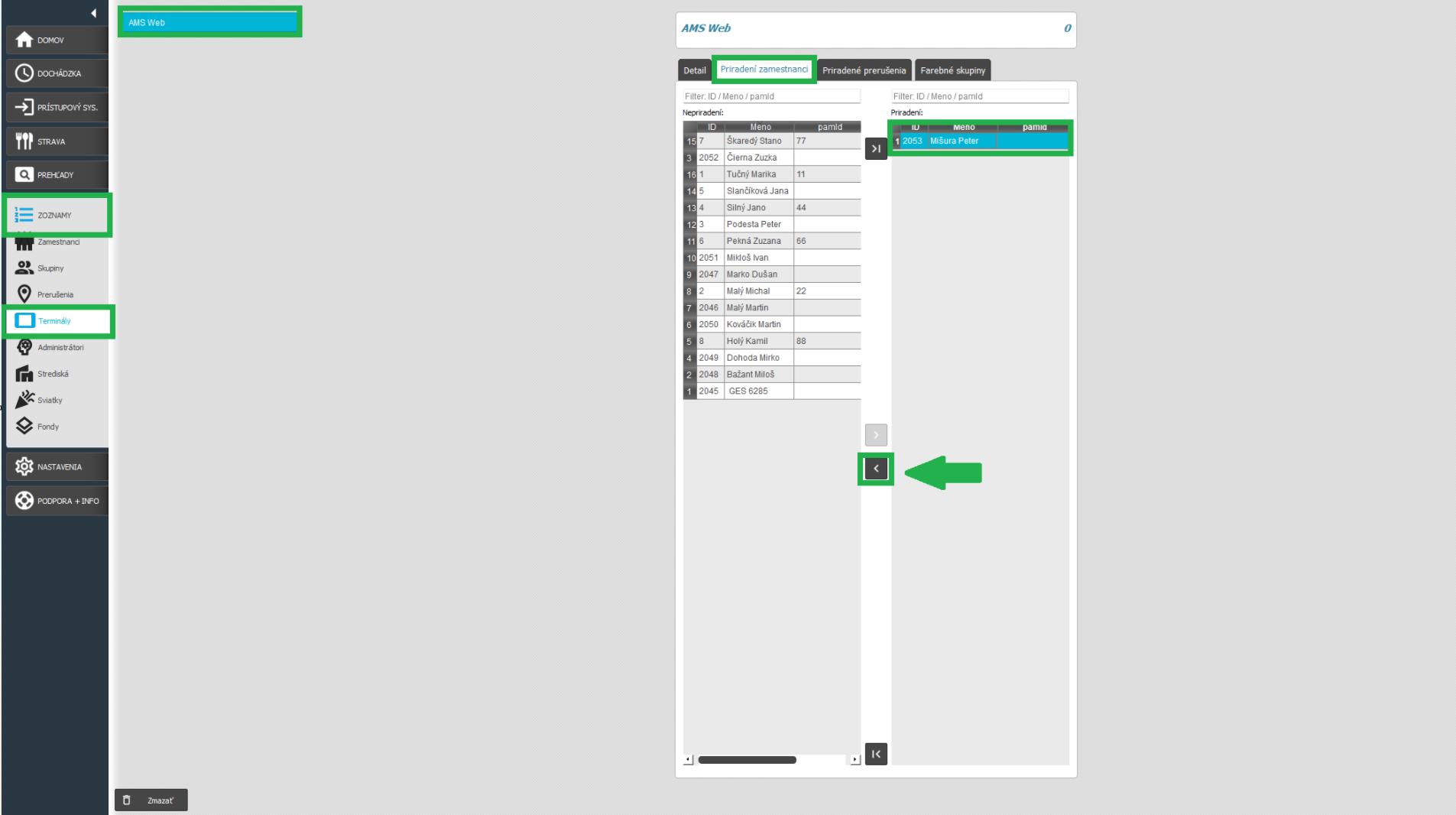 Terminály v karte Zoznamy - odobratie jedného zamestnanca
