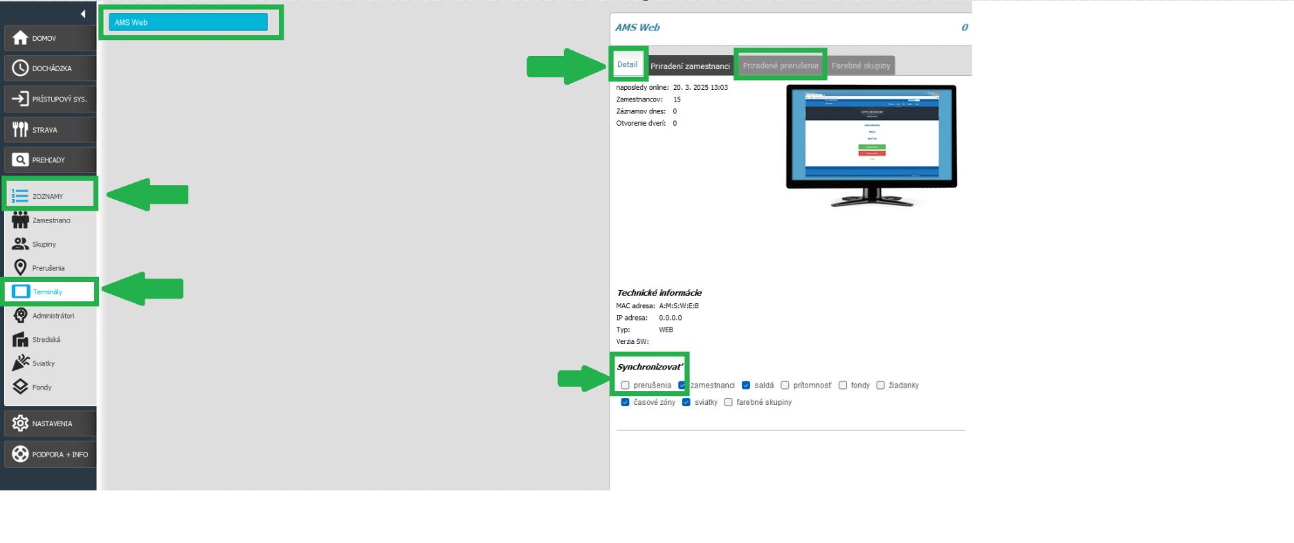 Terminály v karte Zoznamy - priradenie prerušenia, tlačídlá