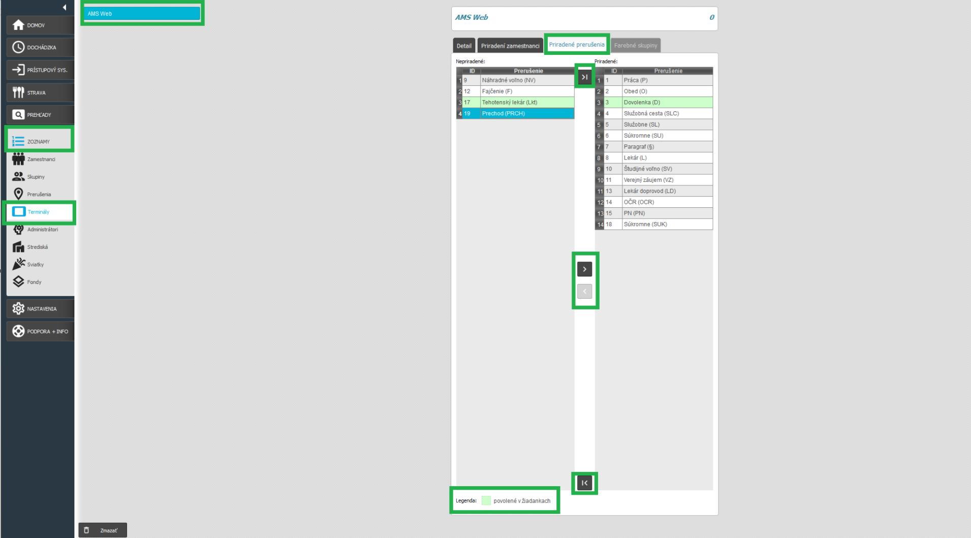 Terminály v karte Zoznamy - priradenie prerušenia, tlačídlá