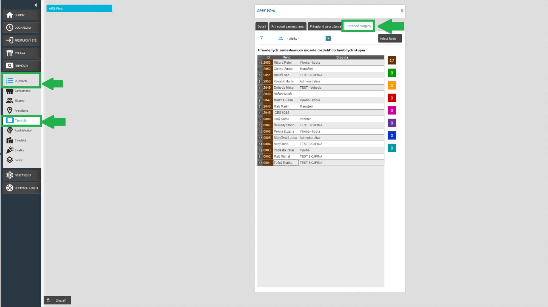 Farebné skupiny v karte Zoznamy