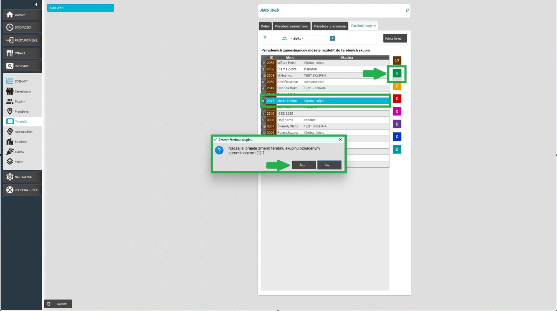 Farebné skupiny v karte Zoznamy - priradenie k zamestnancom