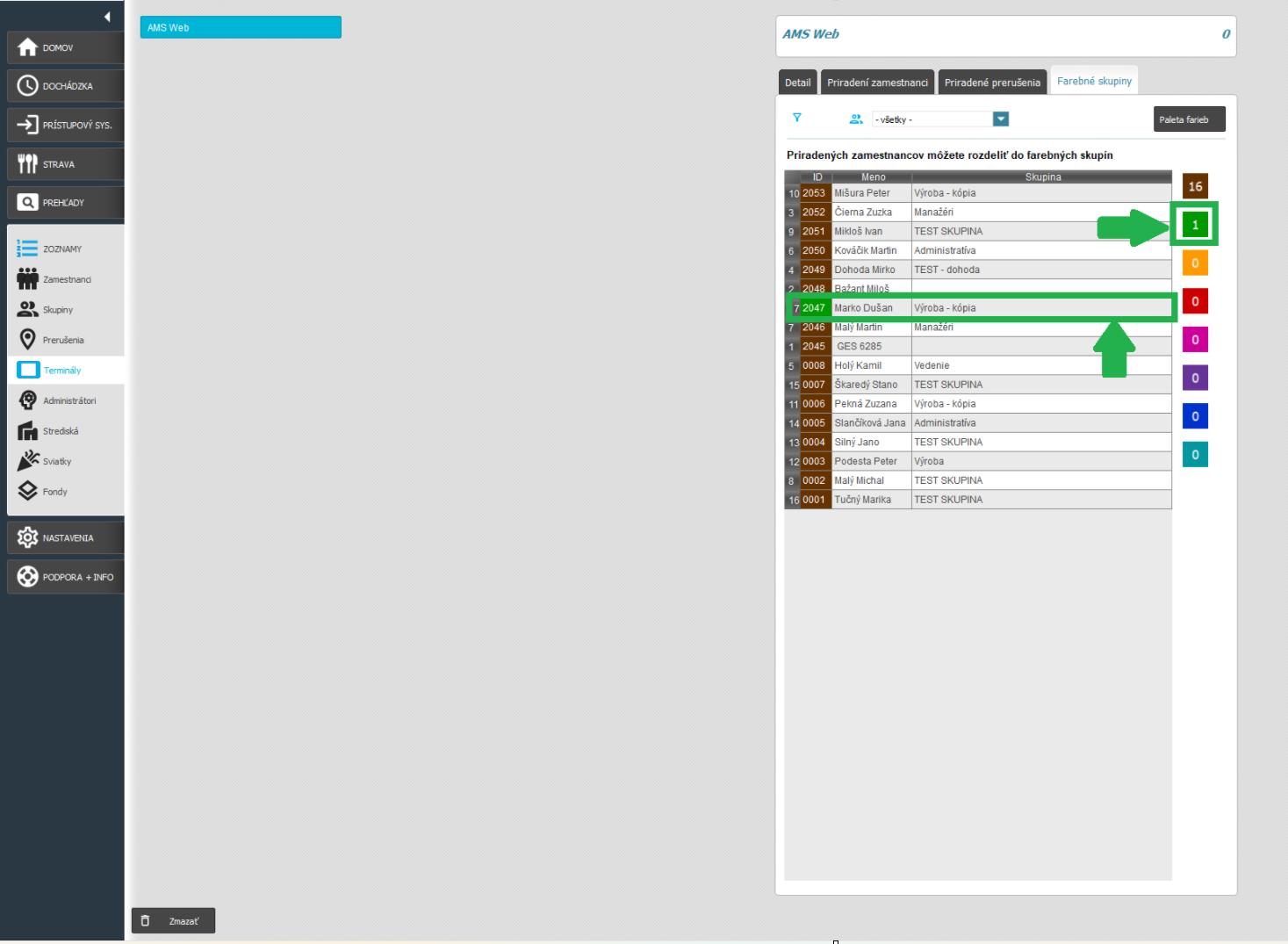 Farebné skupiny v karte Zoznamy - priradenie k zamestnancovi