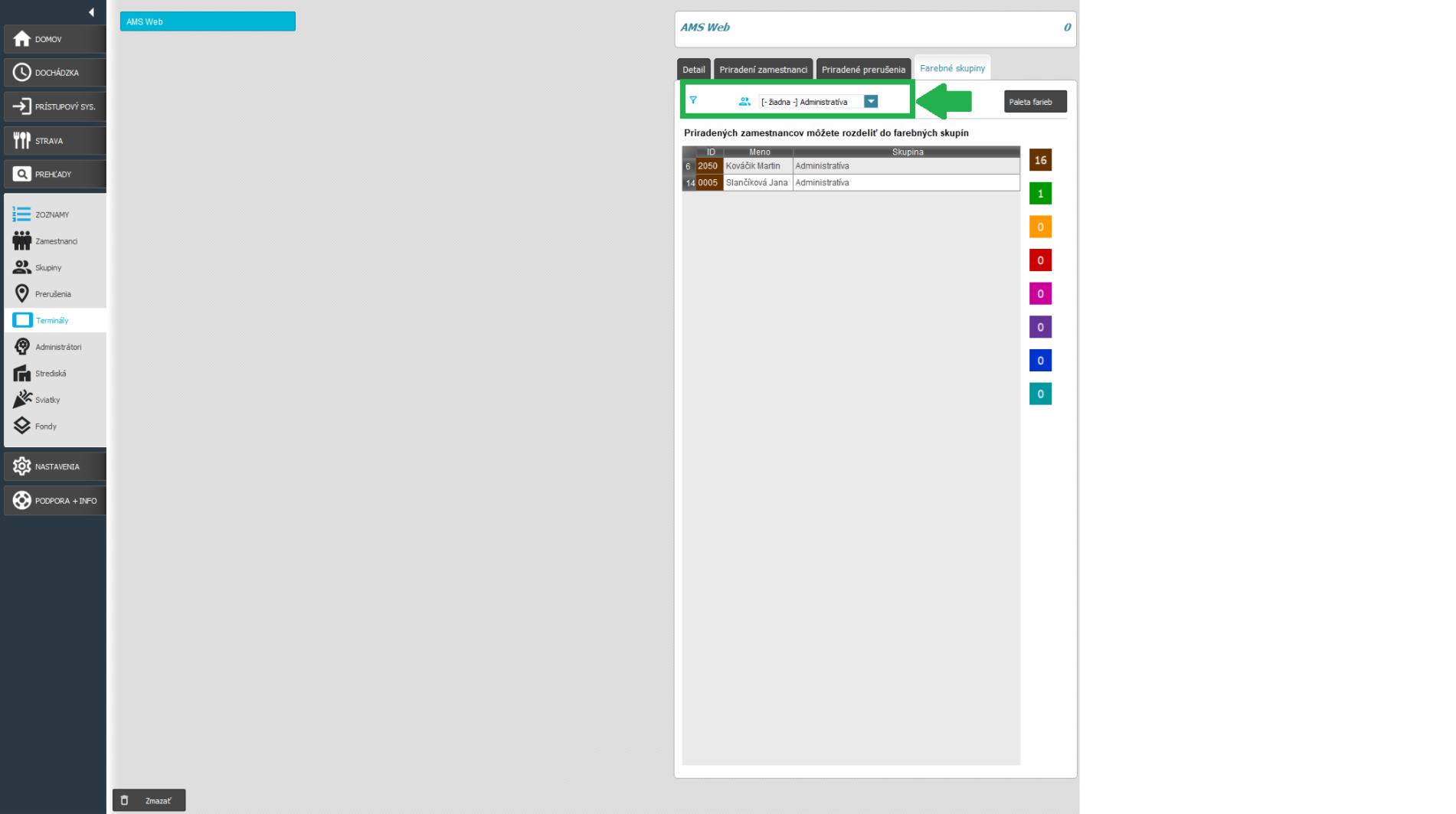 Farebné skupiny v karte Zoznamy - Filtre