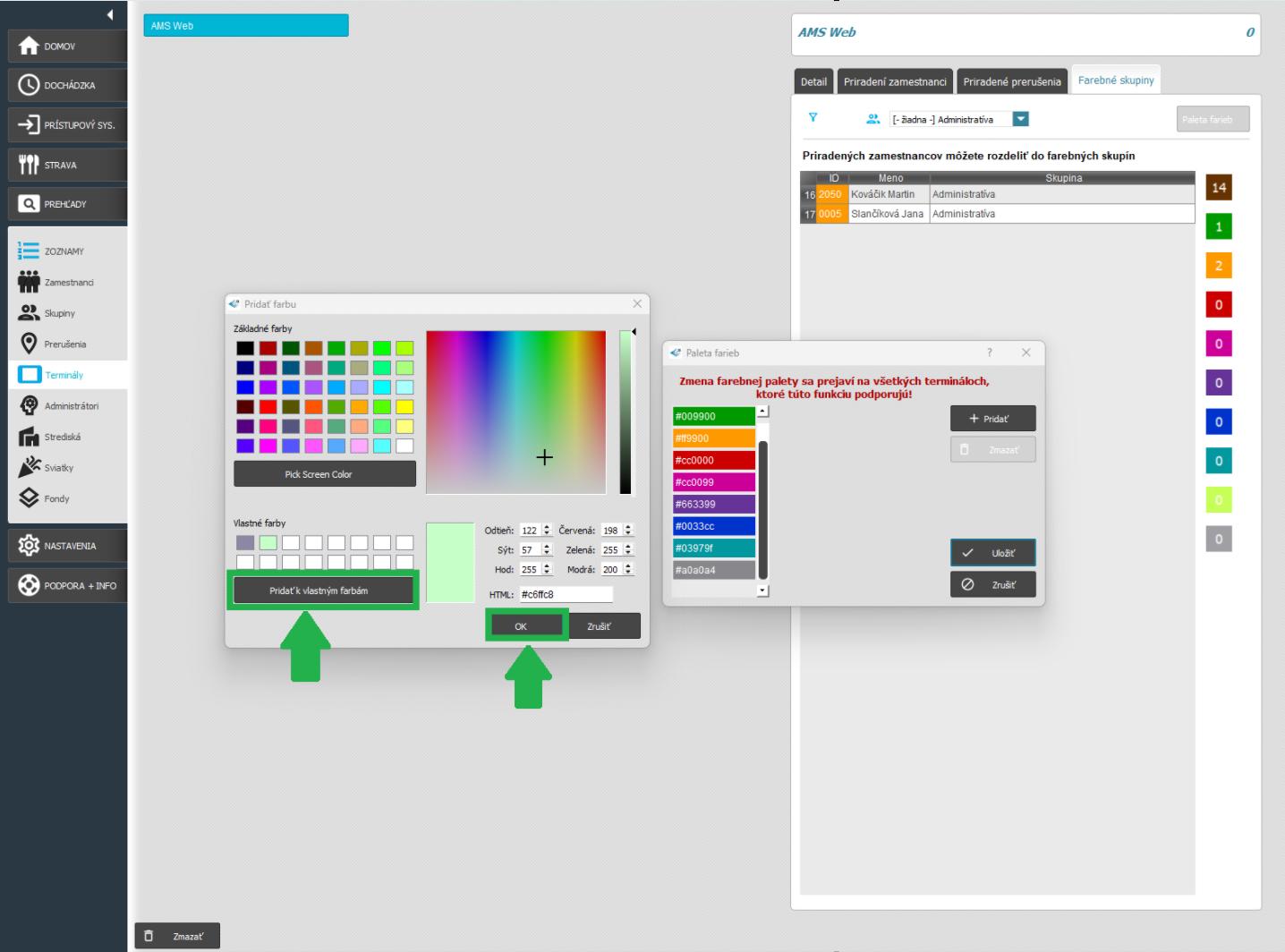 Farebné skupiny v karte Zoznamy - Pridať k vlastným farbám
