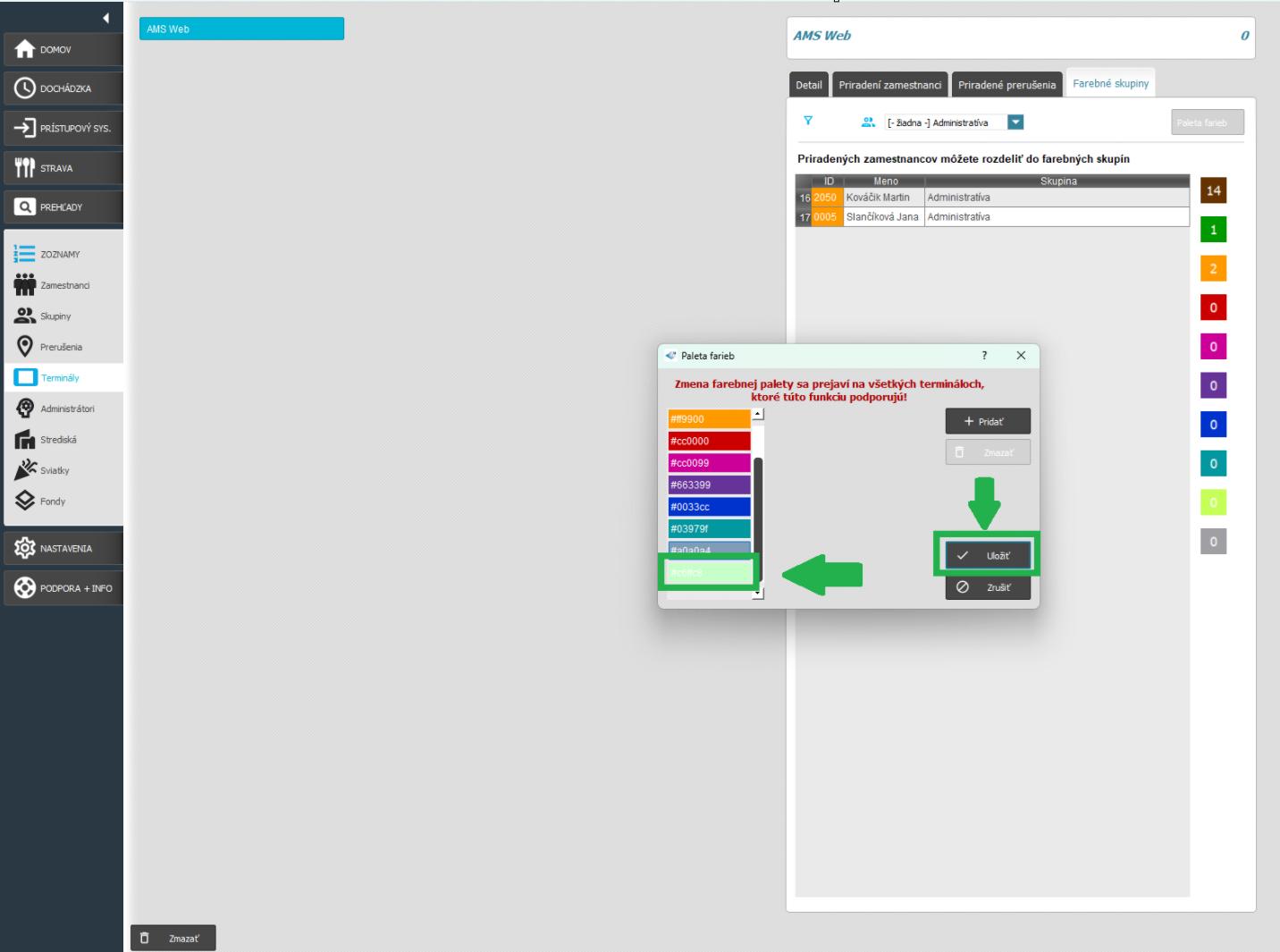 Farebné skupiny v karte Zoznamy - Pridať k vlastným farbám - uložiť