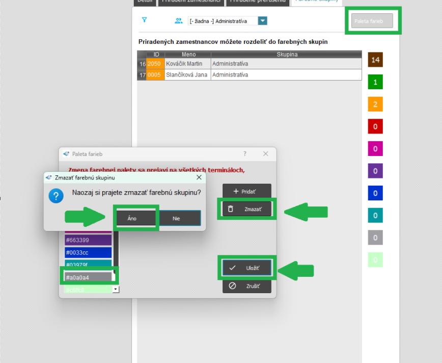 Farebné skupiny v karte Zoznamy - Vymazanie farebnej skupiny