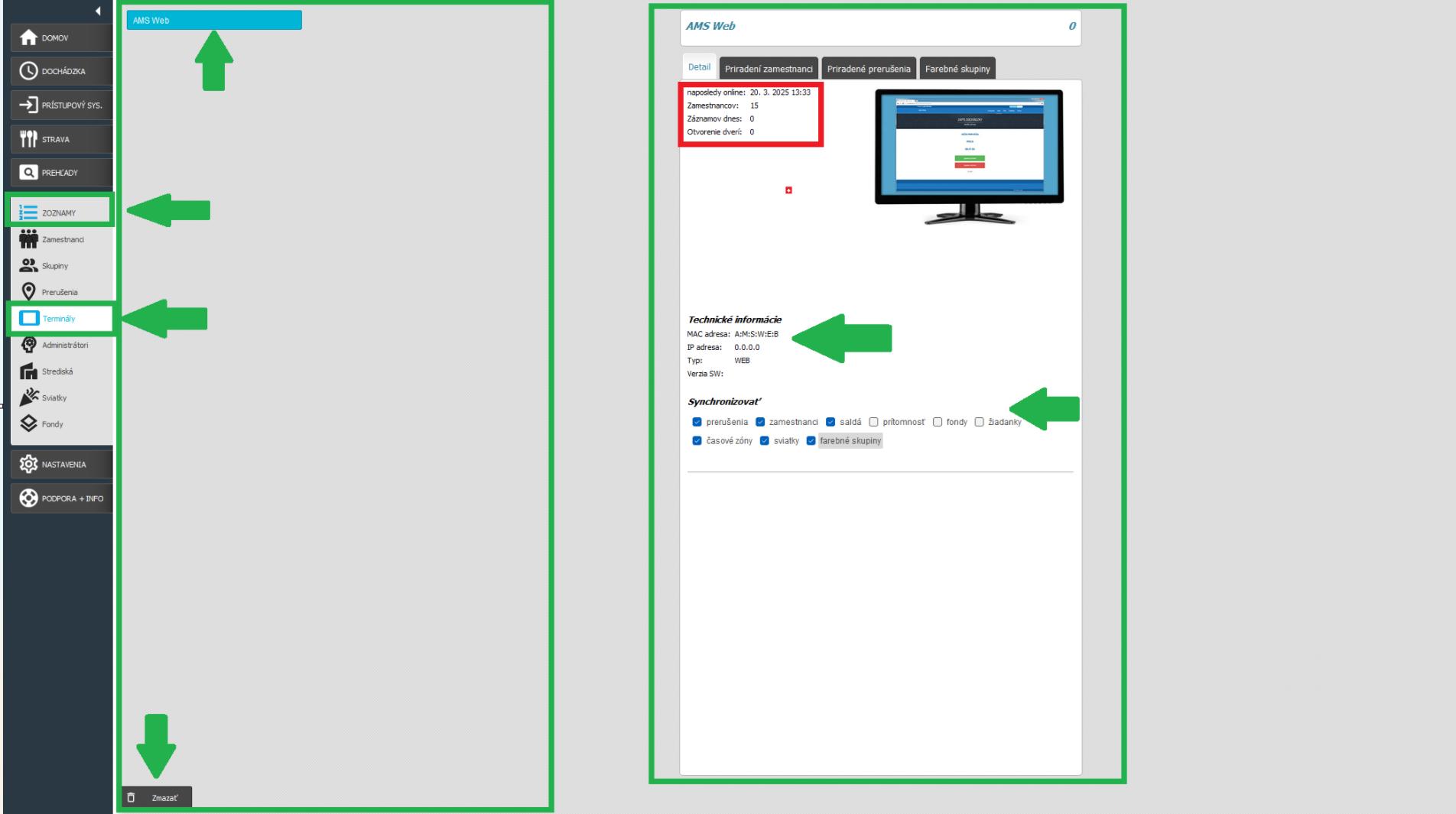 Terminály v karte Zoznamy